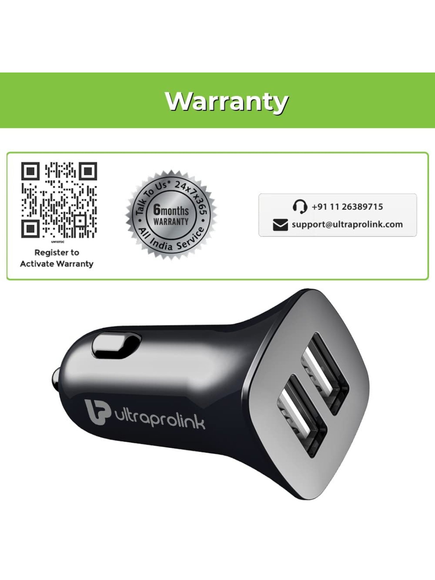 UltraProlink UM1072C Mach12 Dual USB Fast Car Charger with Type C Cable (Black)