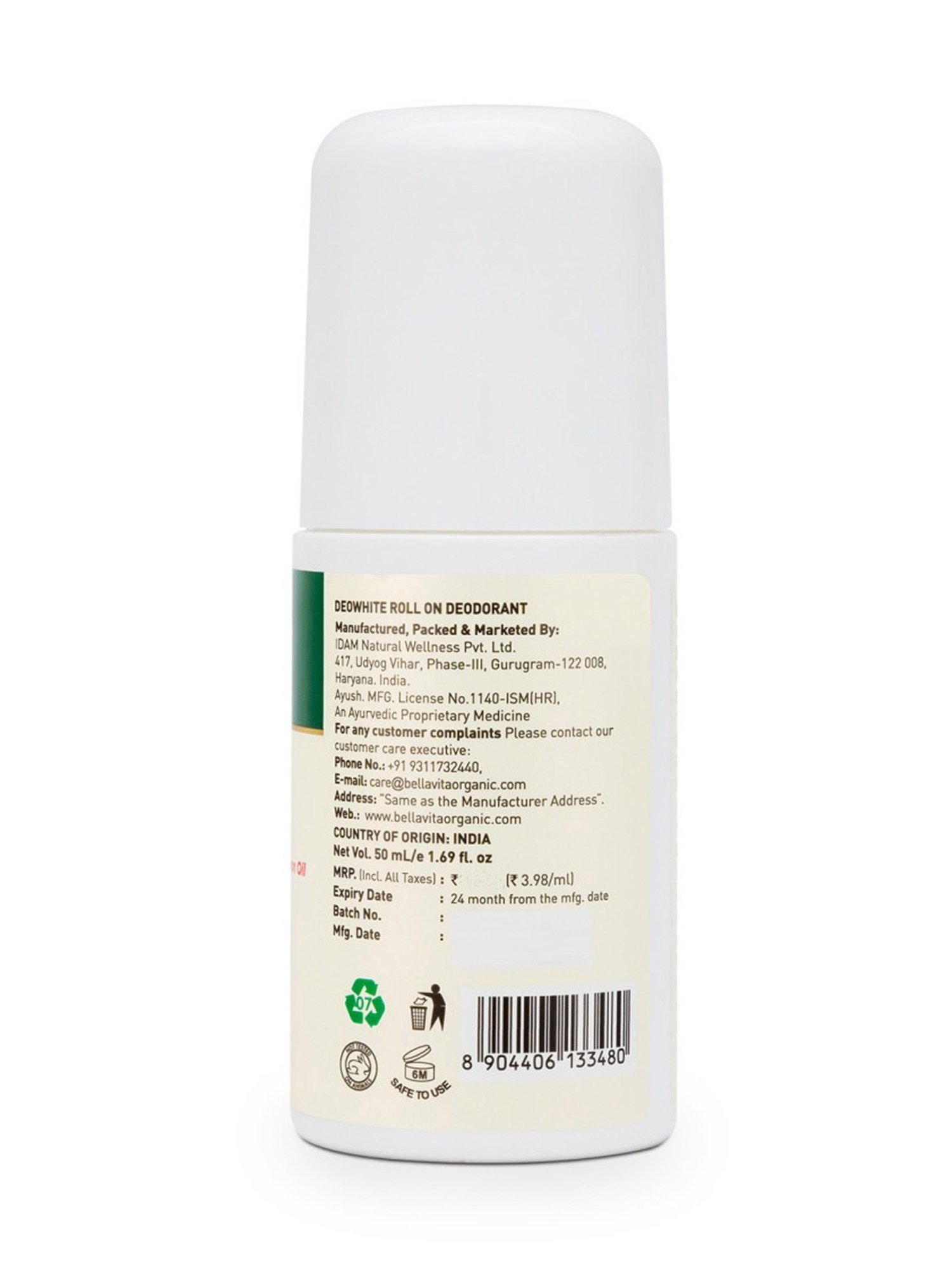 Bella Vita Organic Deo White Underarm Whitening Natural Roll On Deodorant for Women - 50 ml