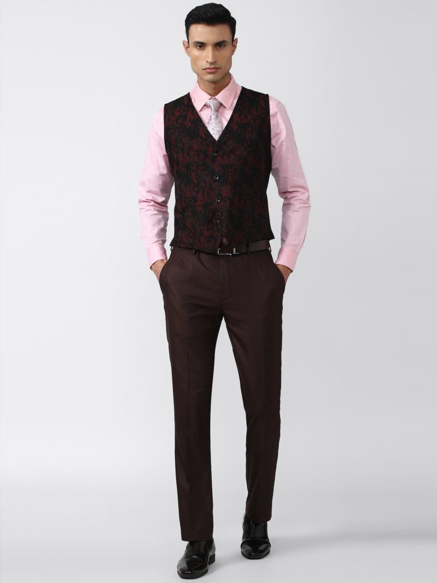 V Dot Brown Skinny Fit Checks Three Piece Suit