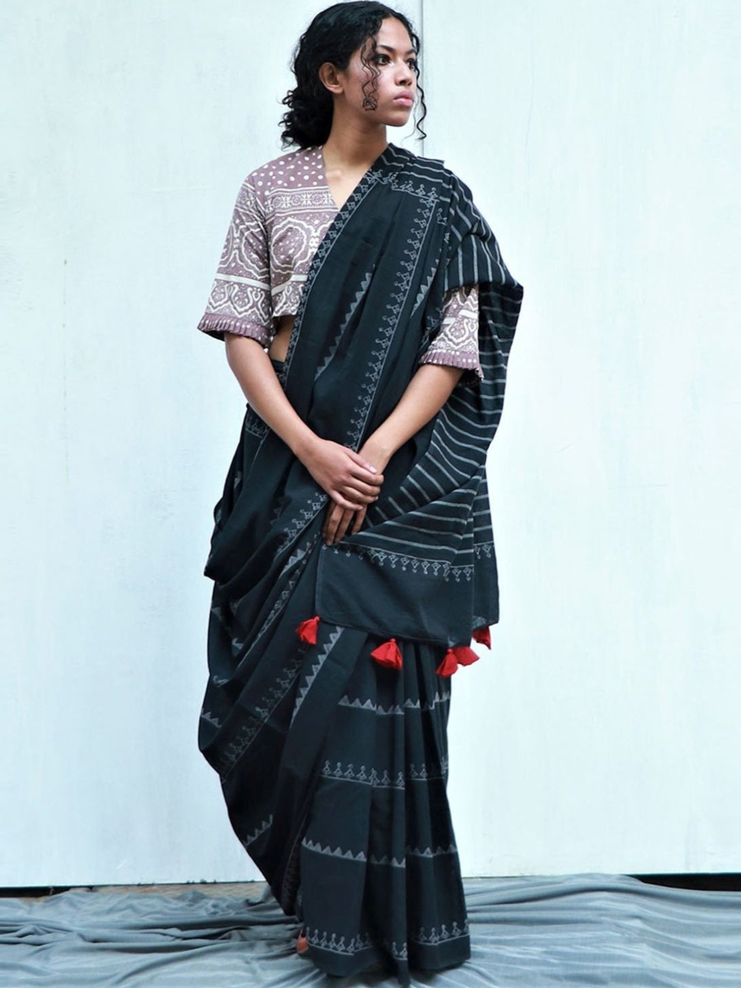 Chidiyaa Black Fly Me to the Moon Matilda Hand Blockprinted Cotton Saree