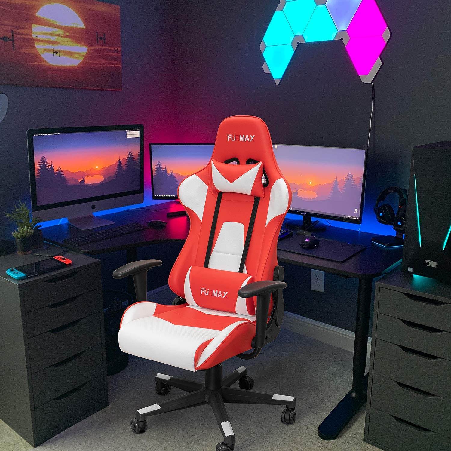 Furmax Gaming Office Chair Ergonomic High-Back Racing Style Adjustable Height Executive Computer Chair, PU Leather Swivel Desk Chair (Black/Grey)