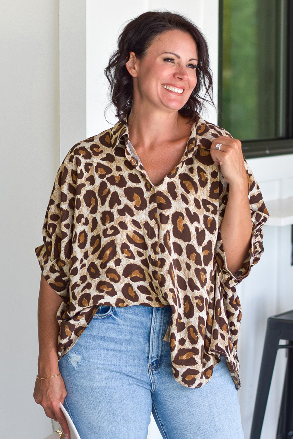 Rose Leopard Print V Neck Plus Size Tee