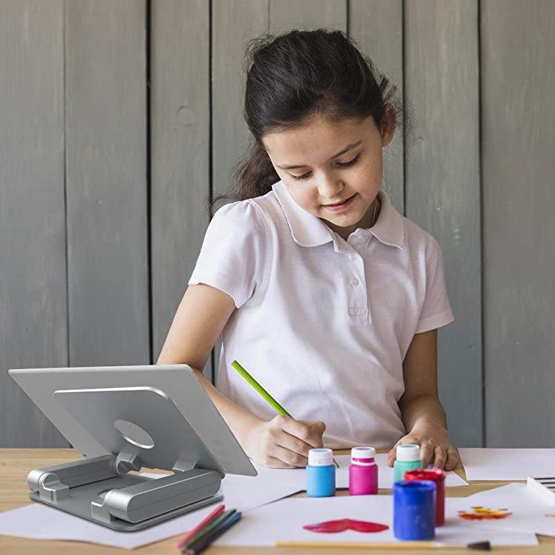 Aluminum Tablet Stand  Ergonomic Foldable Height Adjustable Tablet Riser for Desk Compatible with Apple iPad Series Samsung Pad Microsoft Pad and All Tablets Laptop Cell Phone Silver