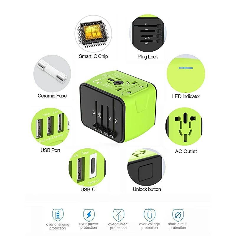 Plug Adapter, Universal Adapter, Power Plug Adapter, International Power Adapter with 3 USB & 1 Type-C Accessories for UK, EU, US, AUS 170 Countries (Green)
