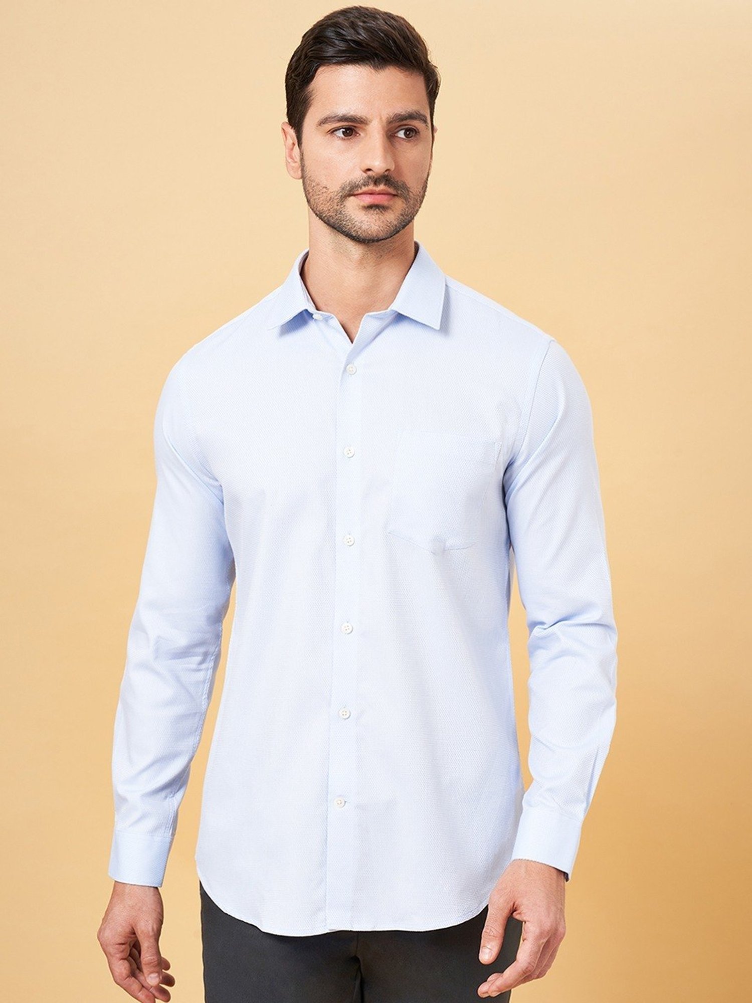 Peregrine by Pantaloons Whispering Blue Cotton Slim Fit Texture Shirt