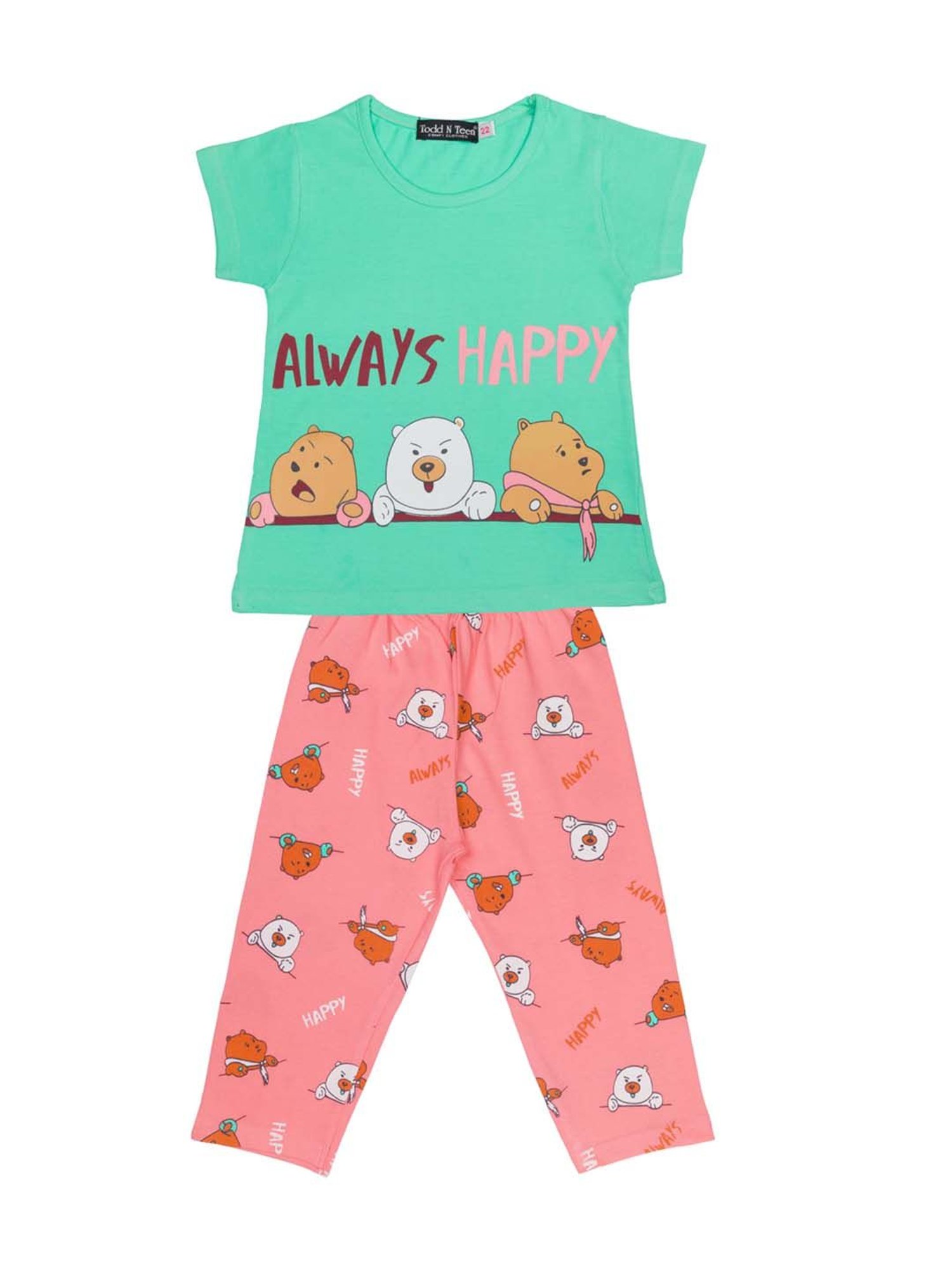 Todd N Teen Kids Blue & Sea Green Cotton Printed T-Shirt & Capris - Pack of 2