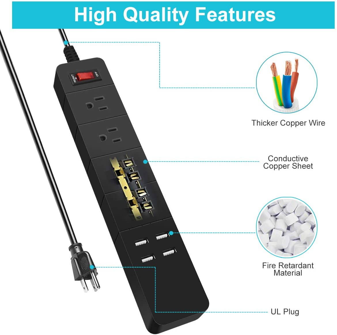 Power Strip with USB, Duvik Surge Protector, 4 Outlet & 5.5Ft Heavy Duty Long Cord, for Home, Office & Nightstand Charging Station- Black