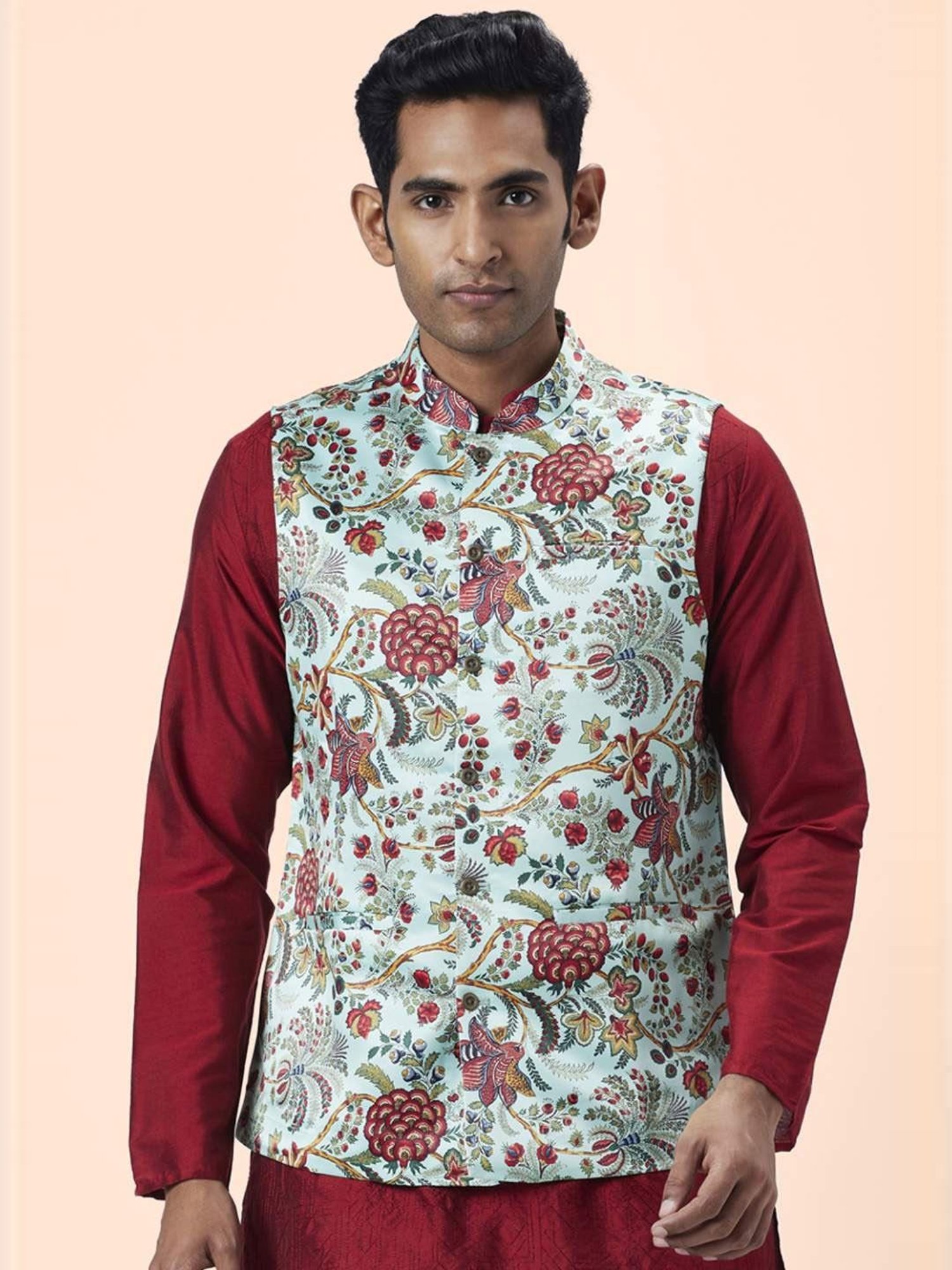 Indus Route By Pantaloons Pista Green Regular Fit Printed Nehru Jacket