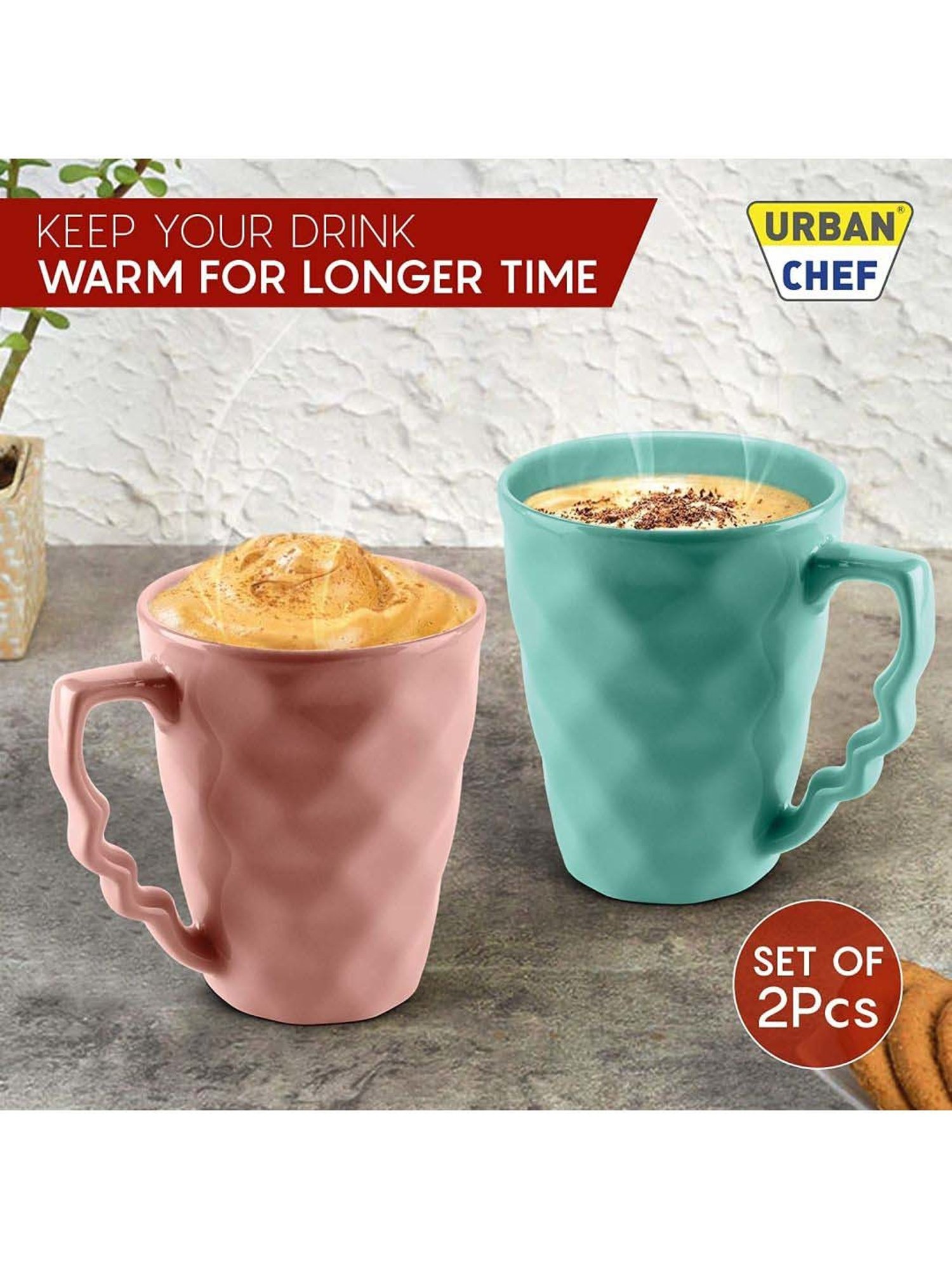 Urban Chef Pink & Blue Ceramic Microwave Safe Coffee Mug With Handle (0.225 L) - Set of 2