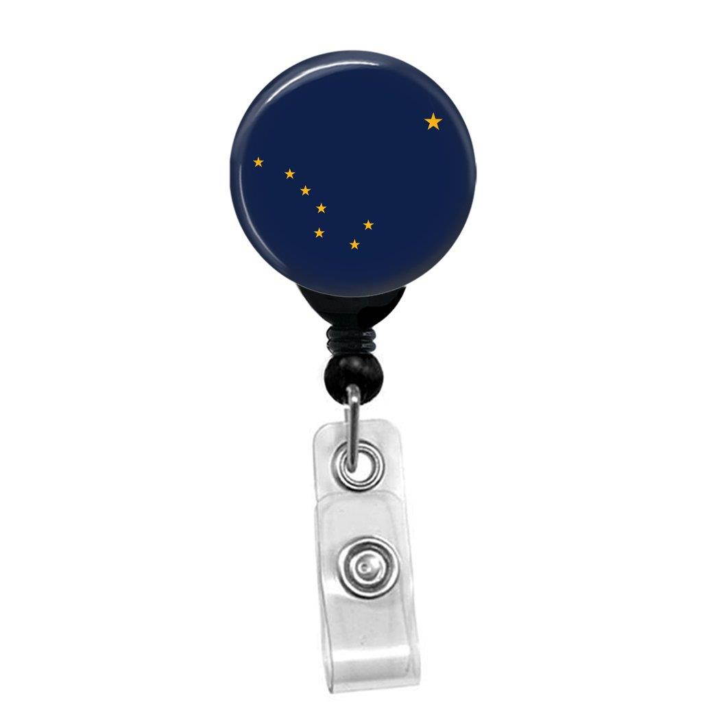 Alaska State Flag Retractable Badge Reel - ID Card Name Tag Custom Badge Holder (Black Badge Reel with Spring Pinch Clip)
