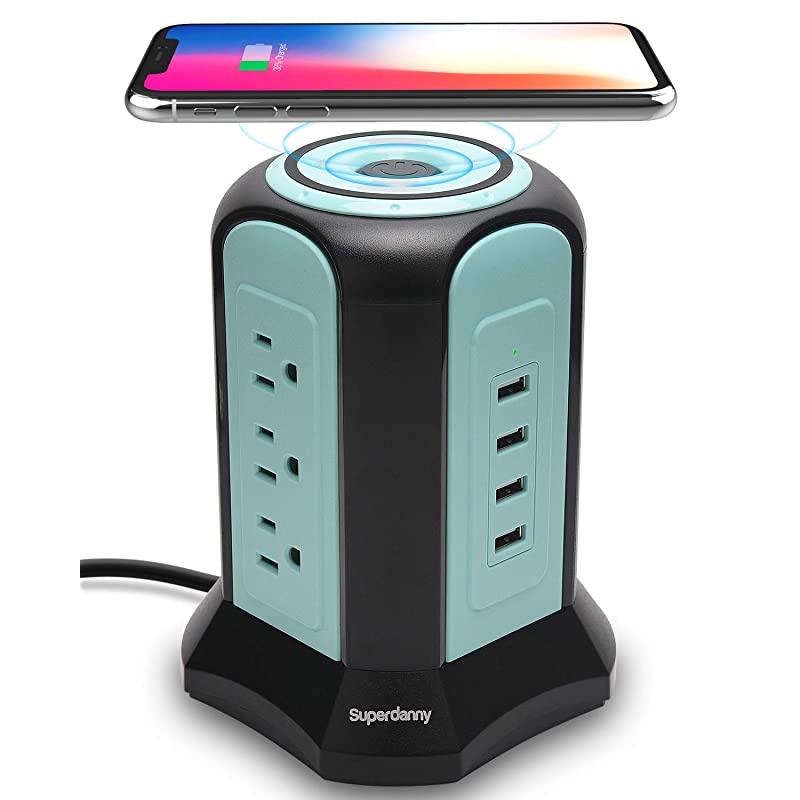 10ft Power Strip Tower Wireless Charger Surge Protector Extension Cord 10A 9-Outlet 4 USB 4.5A Fast Speed Charging Electrical Station Universal Socket for Laptop Phone Black and Blue