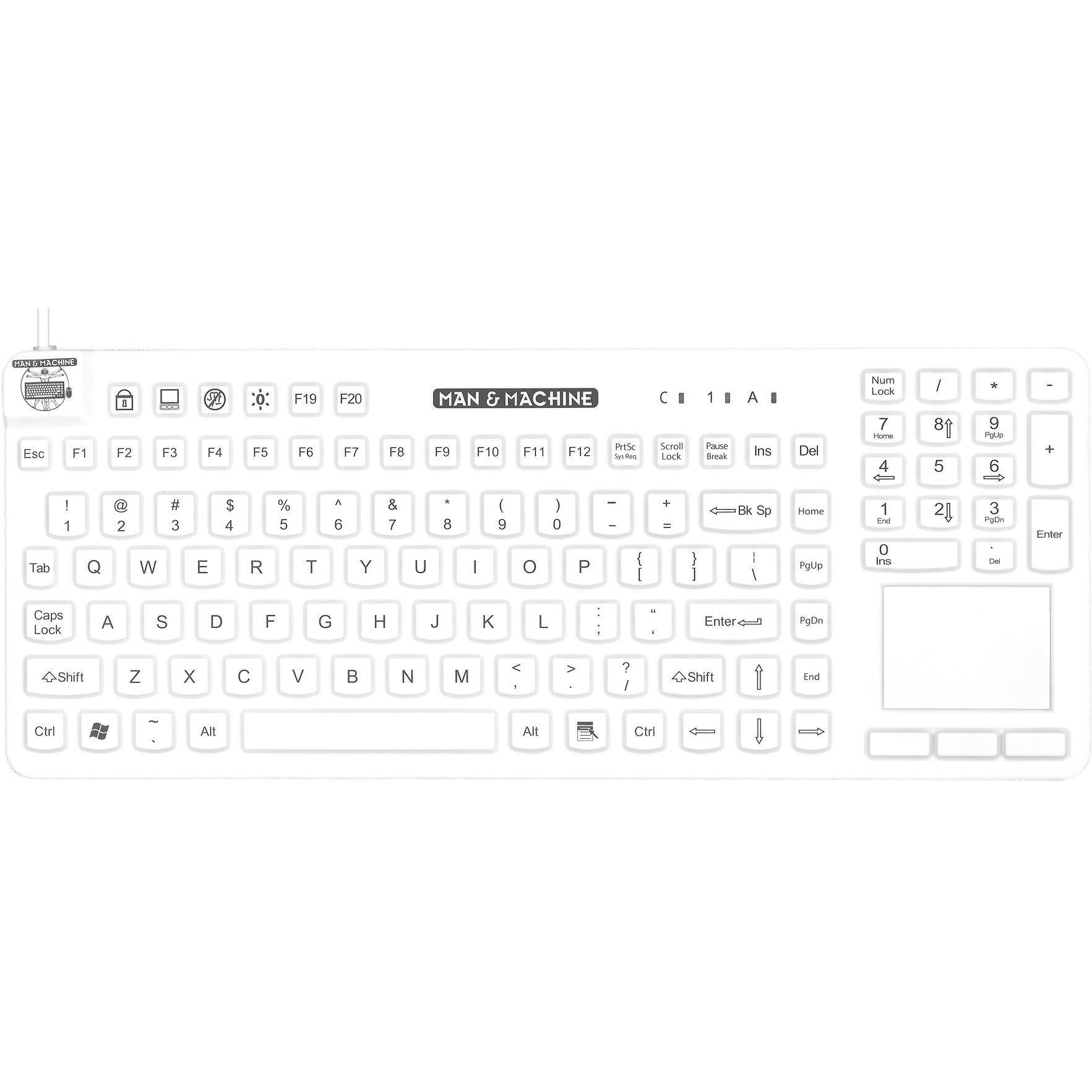 Man & Machine RCTLP/W5 Reallycool Touch Keyboard - Hygienic White, Usb, Full-Size, Waterproof, Silicone