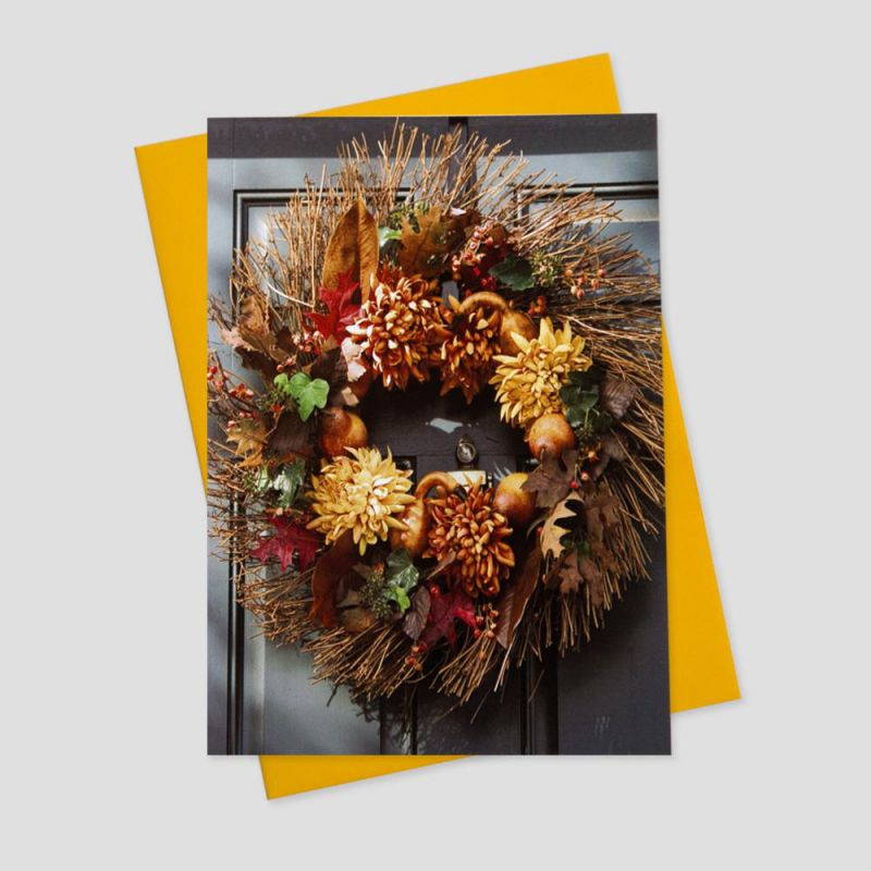 Thanksgiving Greeting Cards - Thankful Greetings - TG100. Business Greeting Card Featuring an Autumn Wreath On a Front Door. Box Set has 25 Greeting Cards and 26 Grapefruit Gold Colored Envelopes.