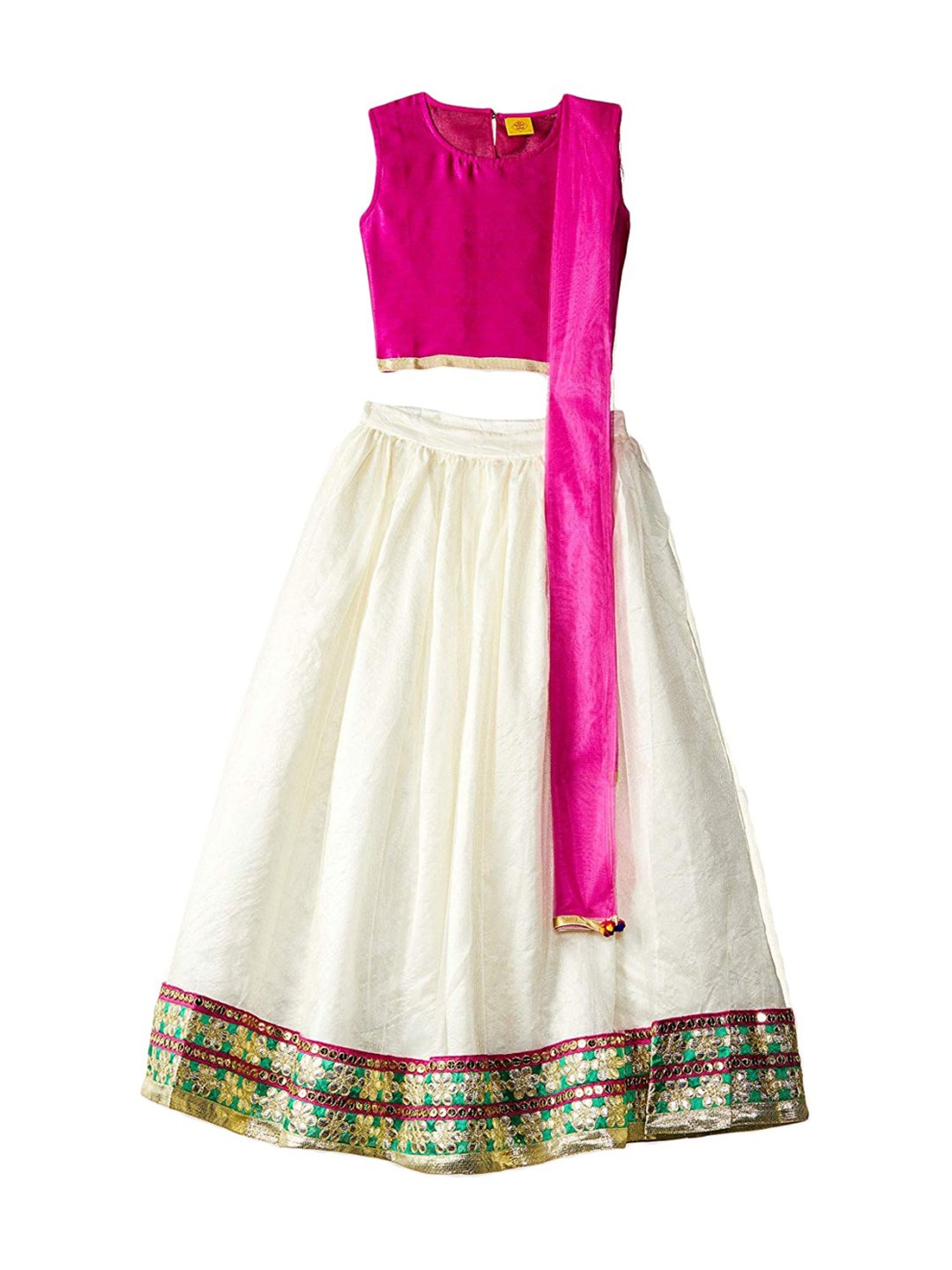 612 League Kids Off White & Pink Cotton Embellished Lehenga & Cholis Set With Dupatta