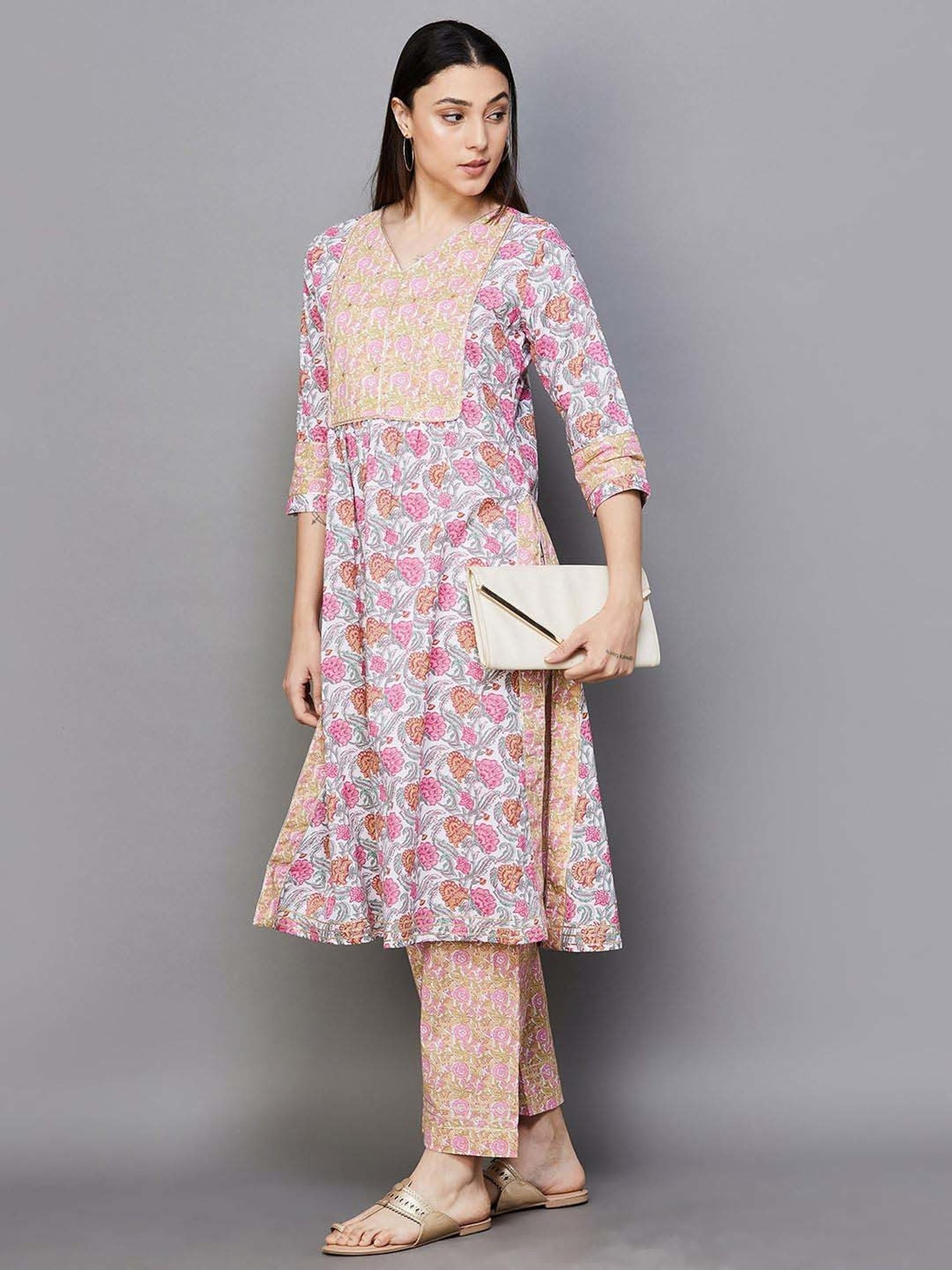 Melange by Lifestyle White & Peach Cotton Printed Kurta Palazzo Set