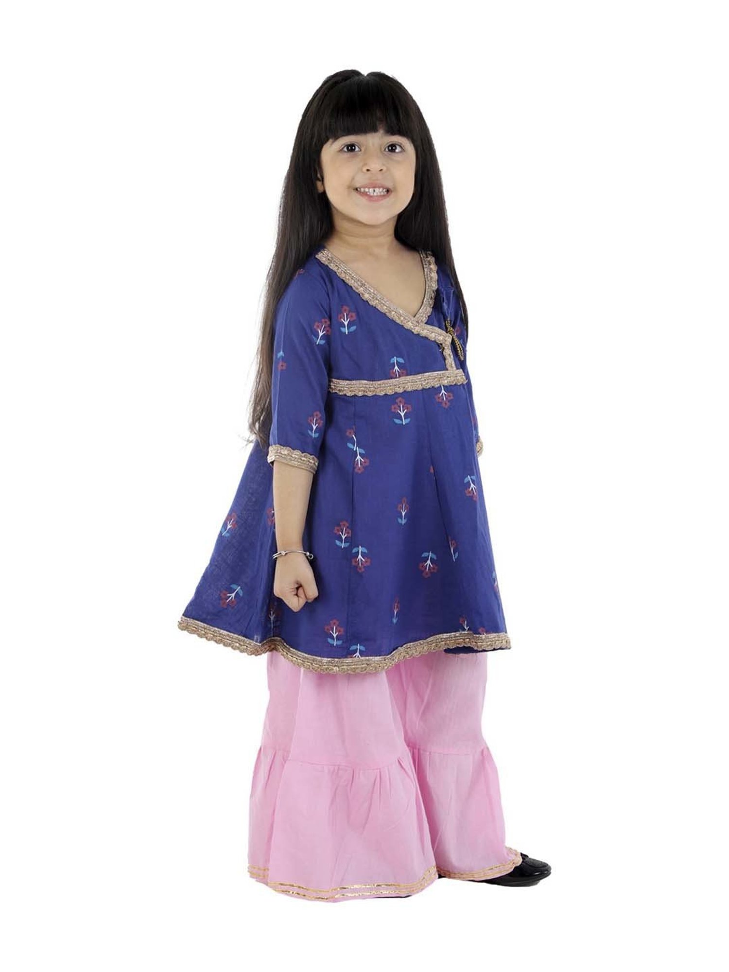 Ahhaaaa Kids Blue & Pink Cotton Floral Print Anarkali Set