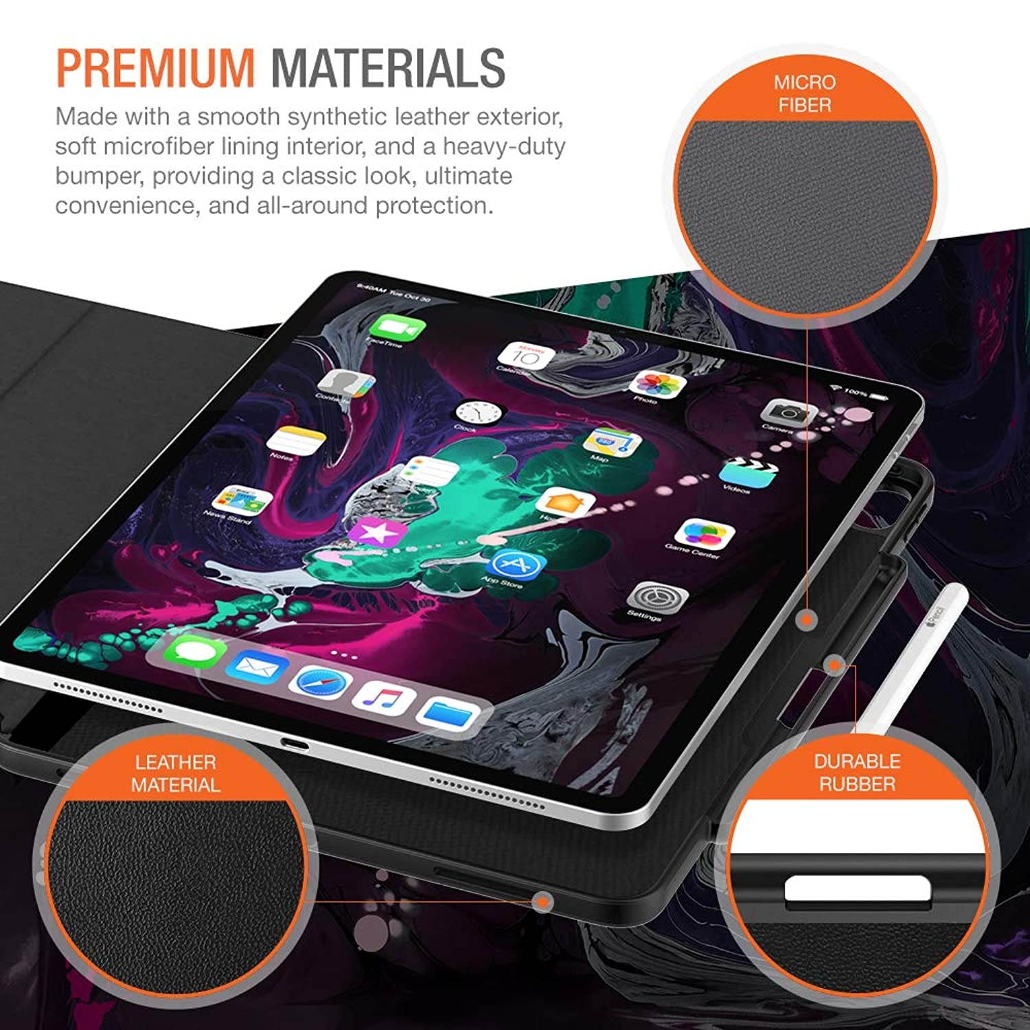 Trianium iPad Pro 12.9 Inch Case, Compatible iPad 12.9 2018 3rd Release (Holder Support Apple Pencil Charging) Heavy Duty Full-Body Rugged Protective Cover Smart Foldable Stand/Auto Wake/Sleep Design
