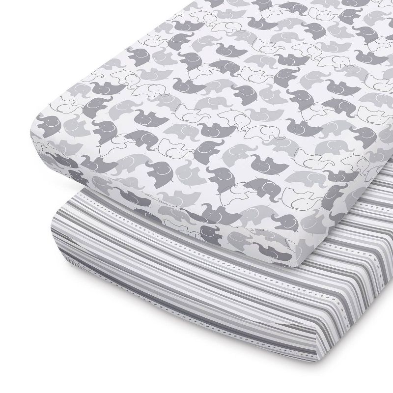 The Peanutshell Changing Pad Covers - Gray Elephants/Stripe 2pk