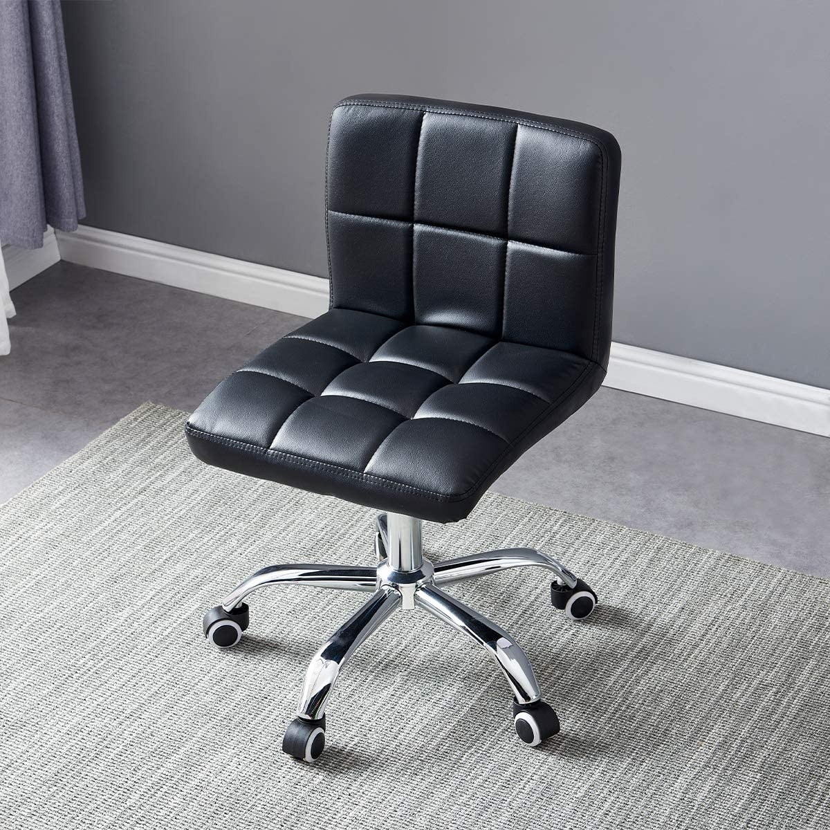 Ribbed Swivel Desk Chair Adjustable Task Chair PU Leather Mid Back Rolling Office Chair with Wheels Padded Task Conference Chair with Backrest for Office Home Computer Without Arms, White