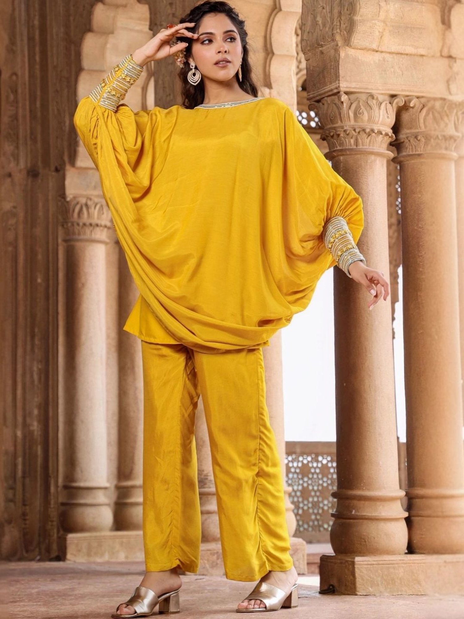 Scakhi Yellow Muslin Silk Poncho Co-Ord Set With Pant And Camisole