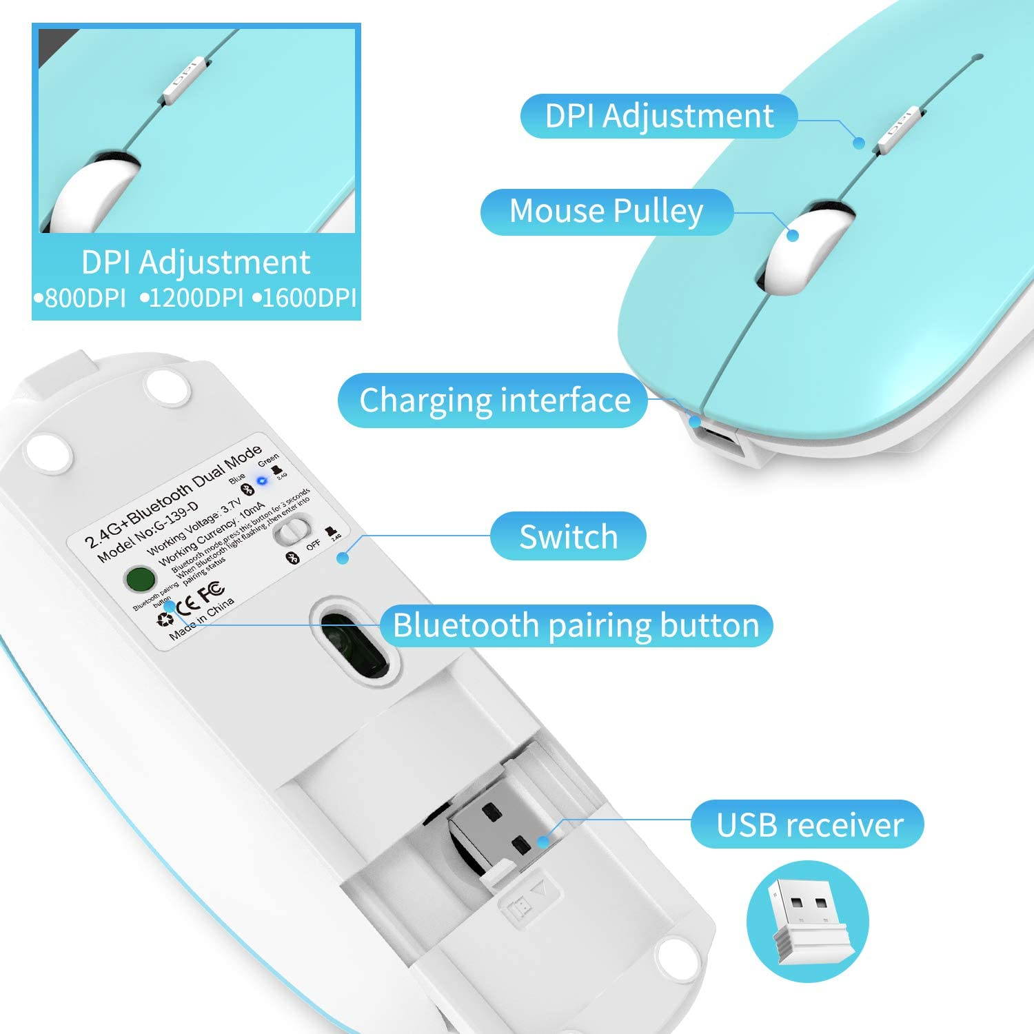 2.4GHz Wireless Bluetooth Mouse, 3 Adjustable DPI, Dual Mode Slim Rechargeable Wireless Mouse Silent USB Mice,Compatible for Laptop Windows Mac Android MAC PC Computer (Silver)