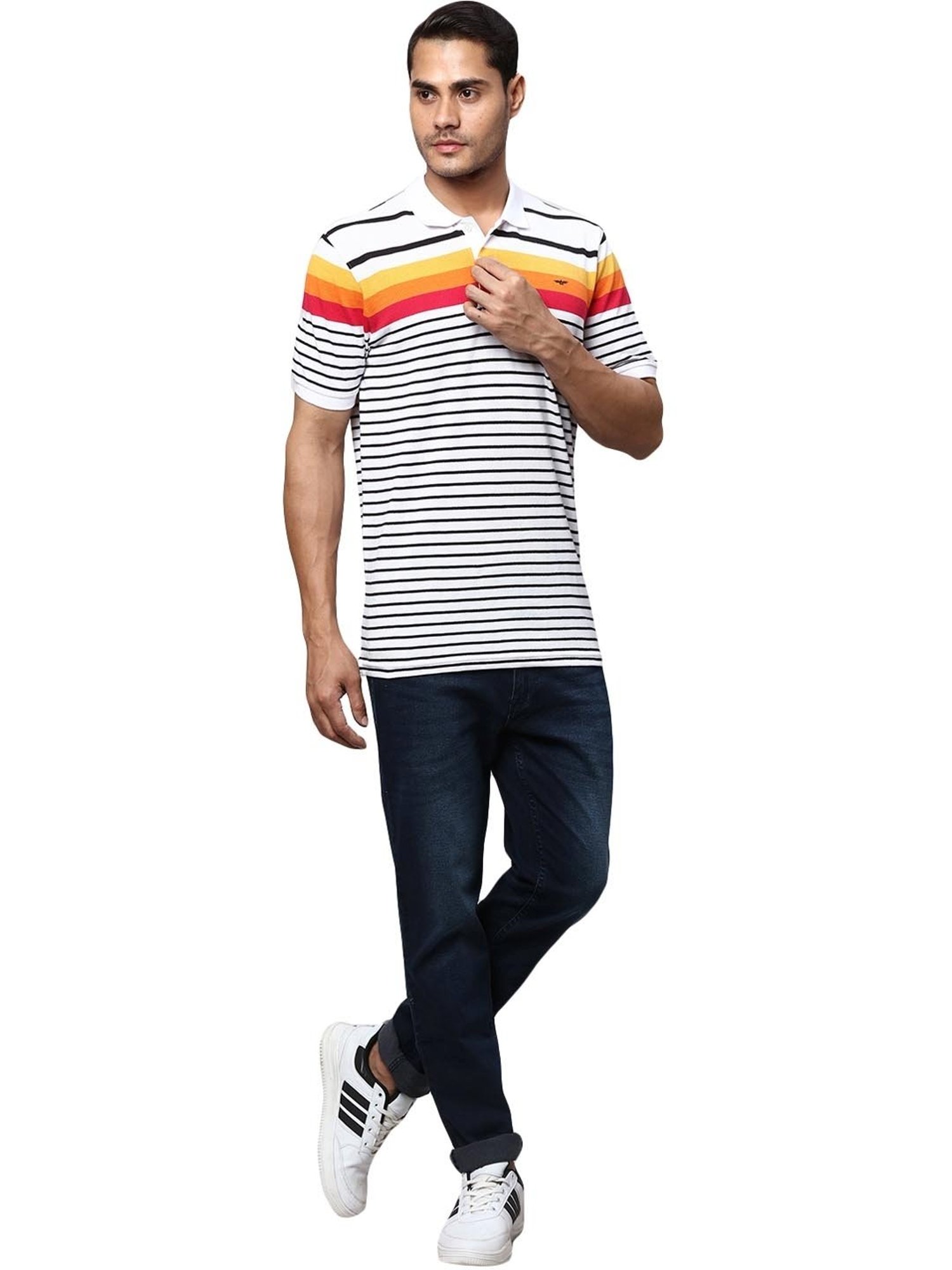 Park Avenue White  Slim Fit Striped Polo T-Shirt