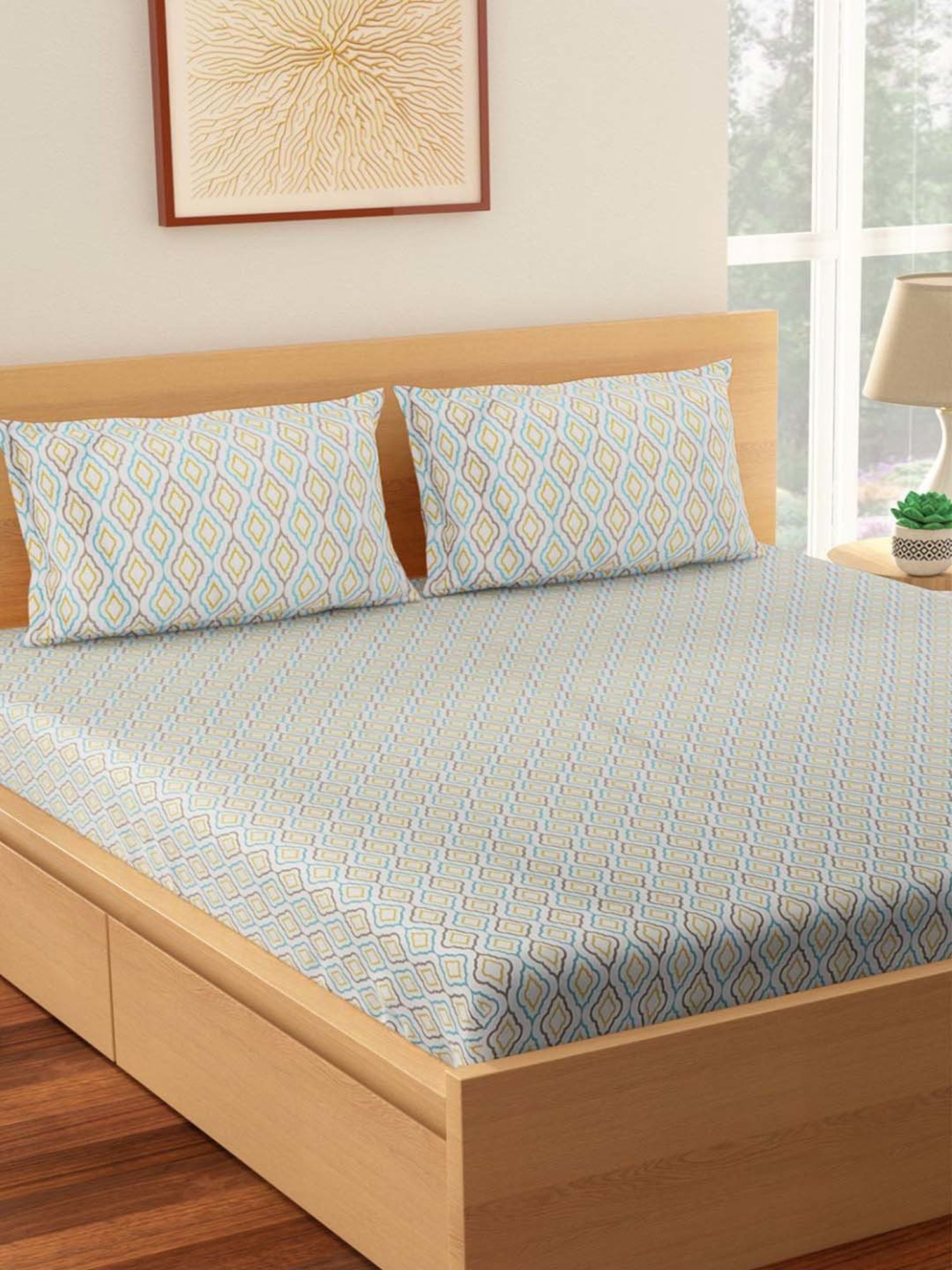 Living Scapes by Pantaloons Beige Blend Bedsheet With 2 Pillow Covers