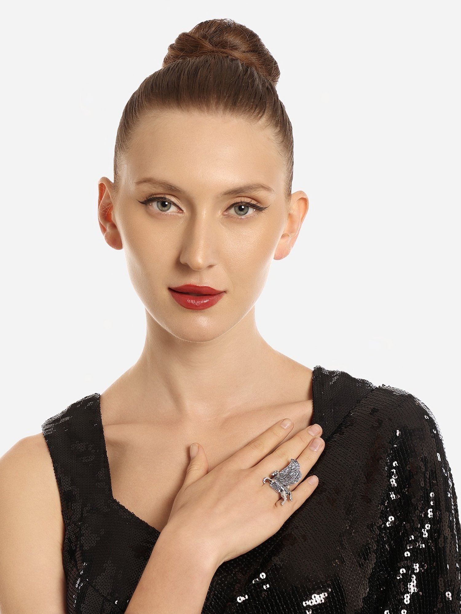 Zaveri Pearls Silver Tone Flying Horse Antique Oxidized Adjustable Finger Ring-ZPFK16648