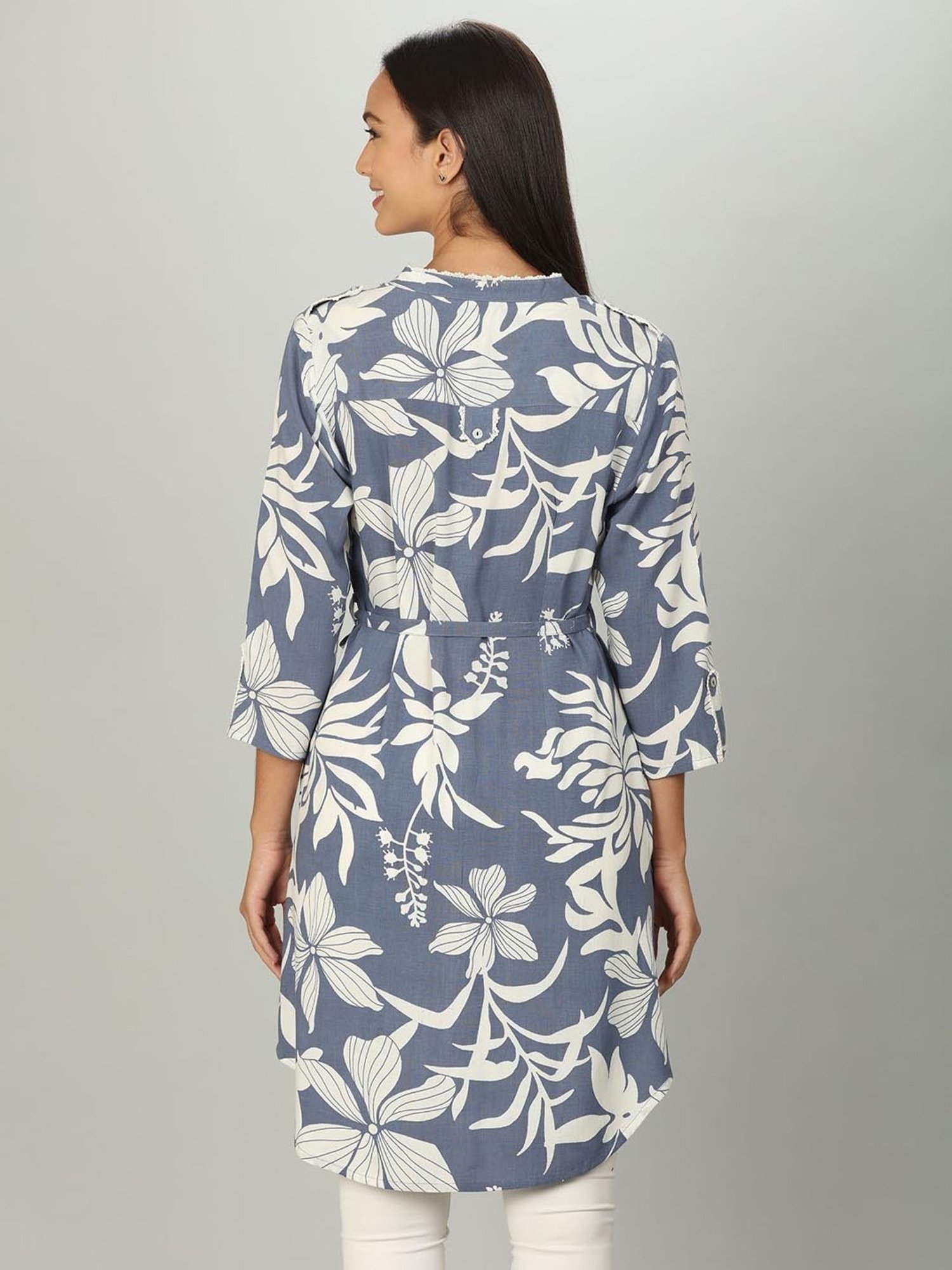 Mustard Blue & White Floral Print Shirt