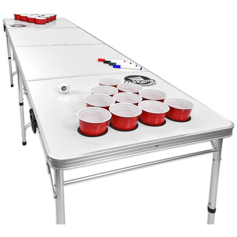 GoPong GP-8-DryErase 8 Foot Portable Folding Aluminum Pong Tailgate Drinking Party Game Table with 6 Balls and 4 Markers, Dry Erase