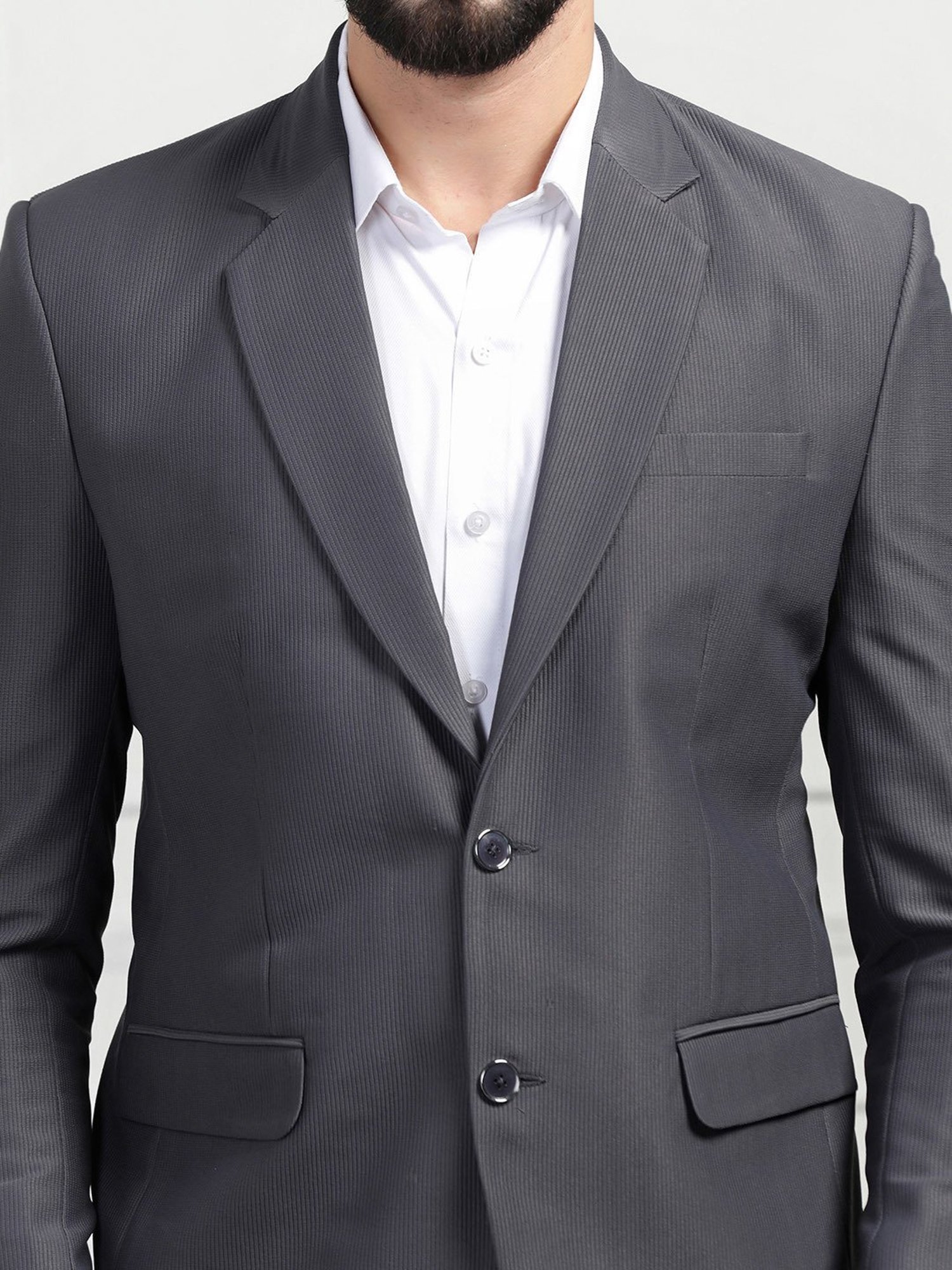 TAHVO Dark Grey Regular Fit Self Design Corduroy Blazer