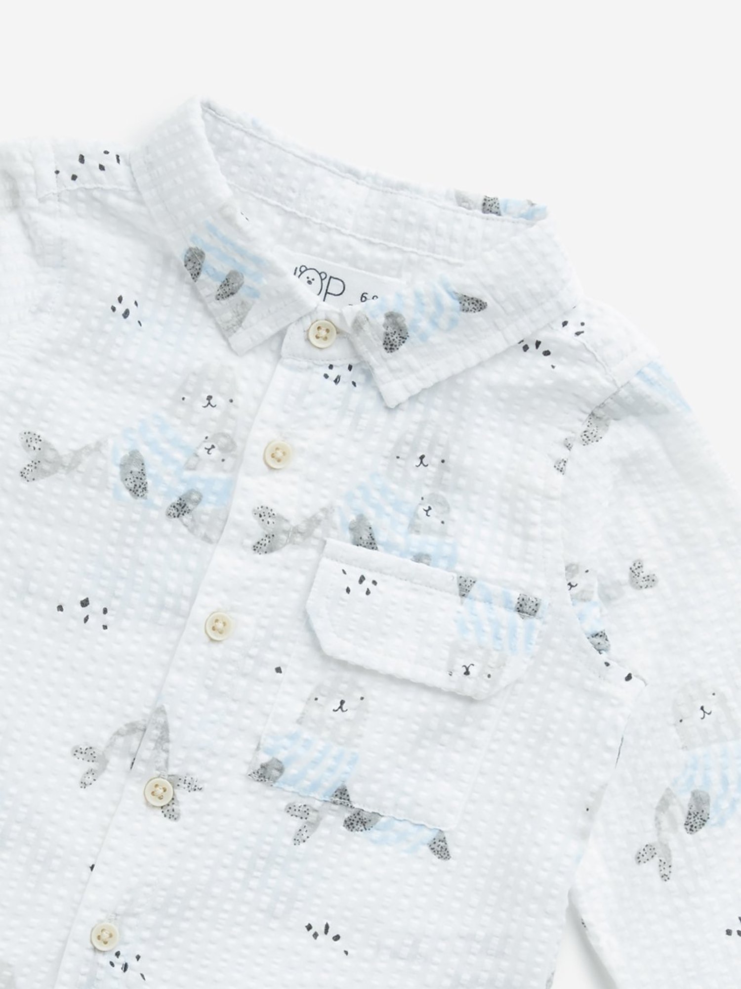 HOP Baby by Westside White Animal Printed Seersucker Cotton Shirt
