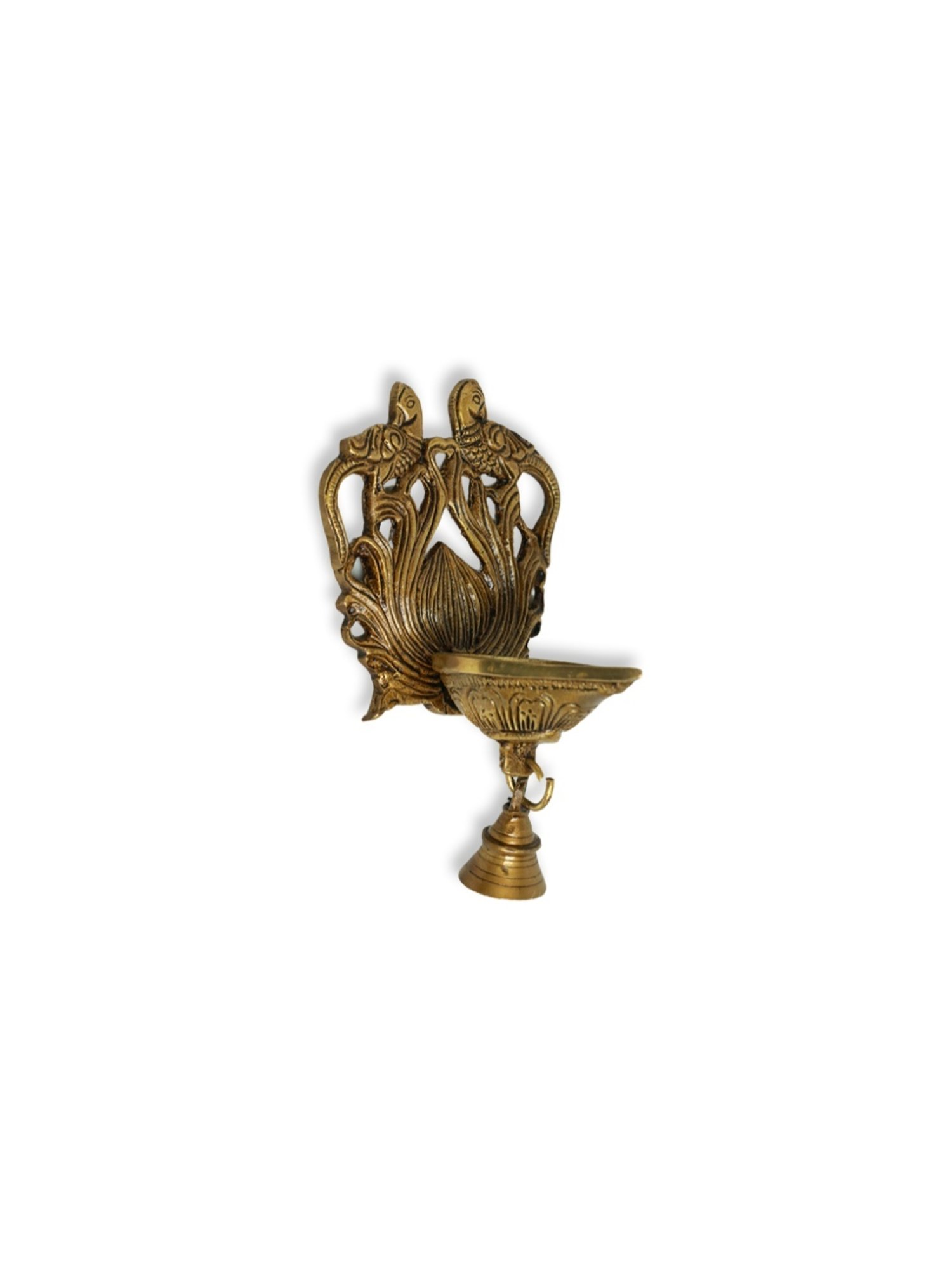 ExclusiveLane Gold Brass Carved Peacock Hand-Etched Decorative Wall Hanging Diya With Bells