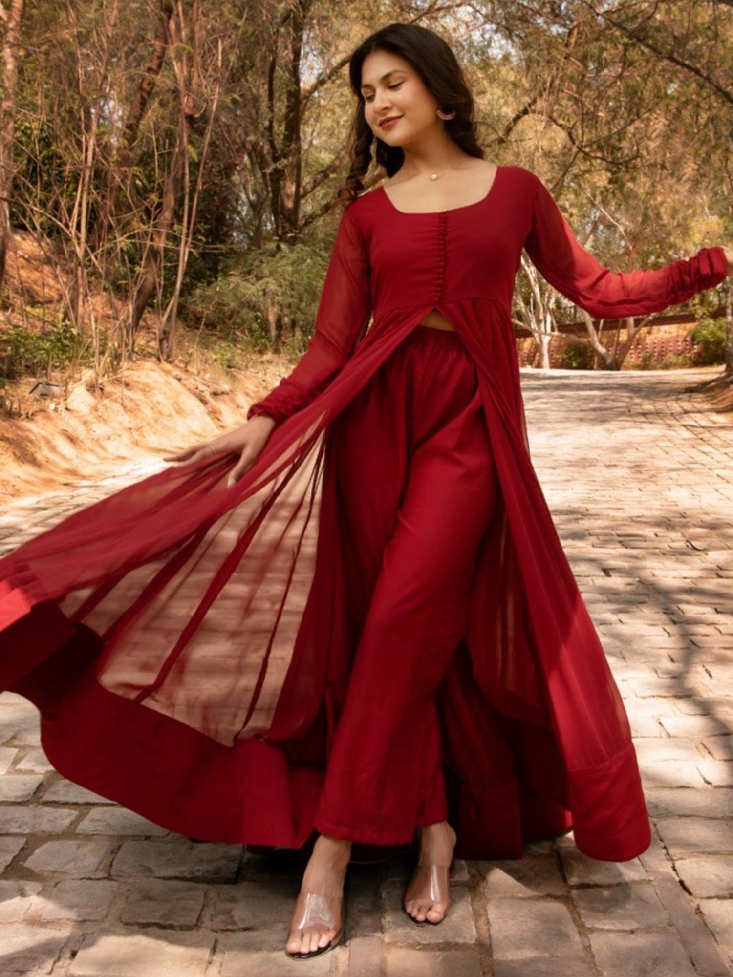 Calmna Maroon Georgette Cape with Pant Co-ord Set