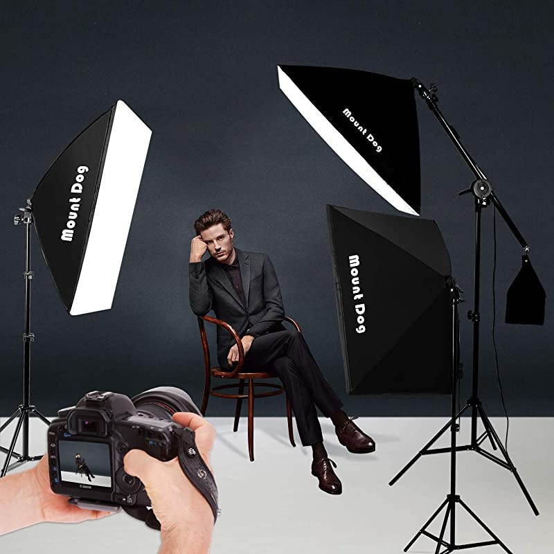 Photography Studio Softbox Lighting Kit Continuous Lighting System Photo with 3pcs E27 95W Bulbs Arm Holder Photo Video Soft Box Lighting Set for YouTube Filming Portrait Shooting