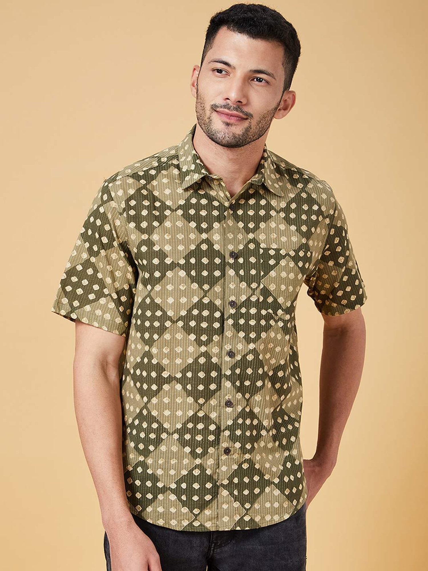 Indus Route By Pantaloons Sage Green Cotton Regular Fit Printed Shirt