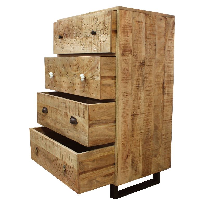 4 Drawer Handmade Wooden Accent Chest with Carved Drawer Front Brown/Black - The Urban Port