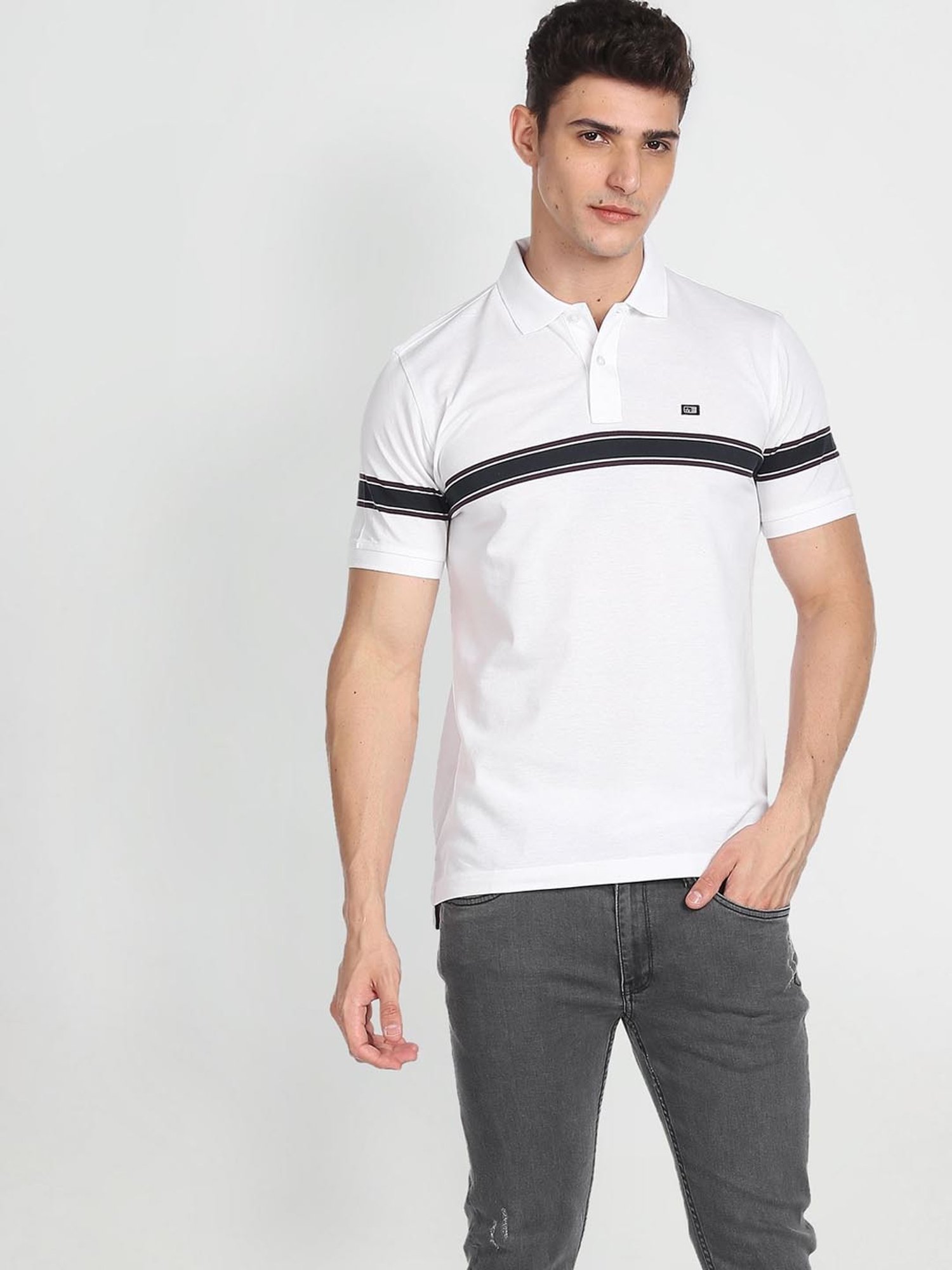 Arrow Sport White Cotton Regular Fit Striped Polo T-Shirt