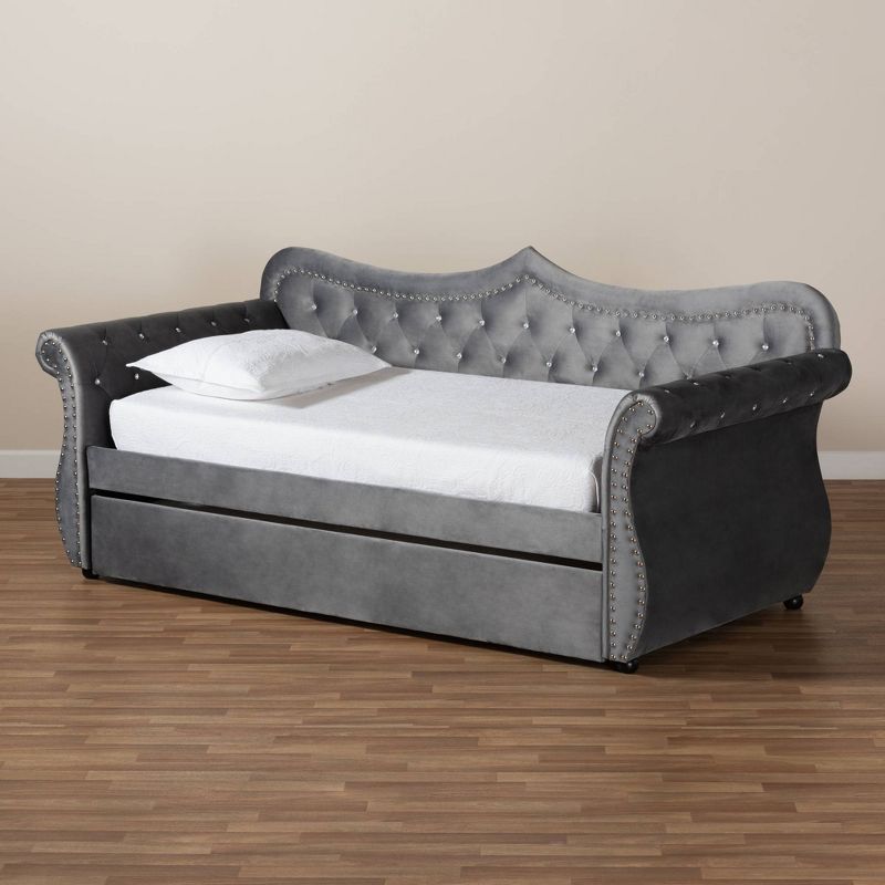 Twin Abbie Velvet Crystal Tufted Daybed with Trundle Gray - Baxton Studio
