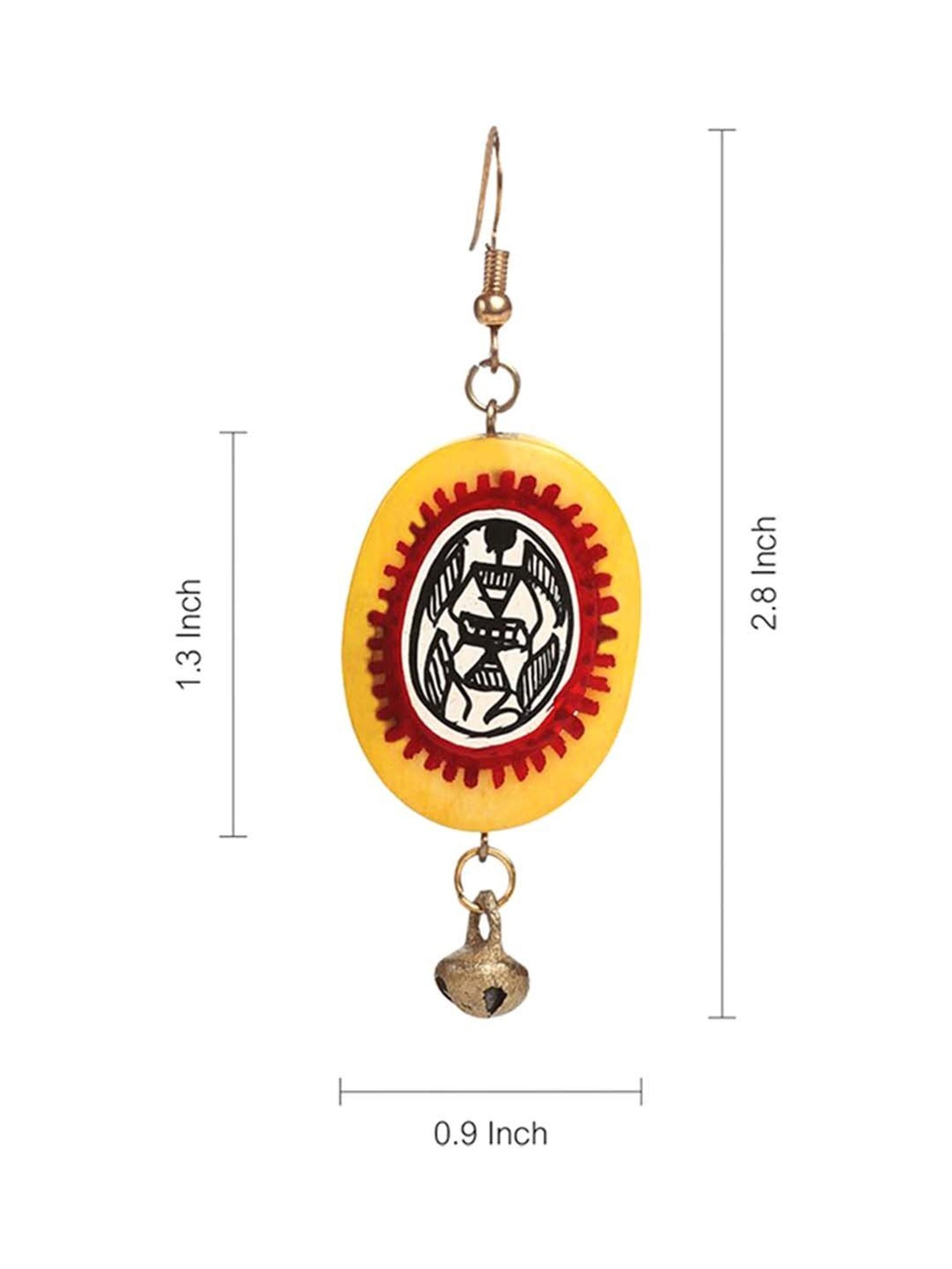 ExclusiveLane 'Tribal Warli Ovates' Amber Yellow & Red Resin Earrings Handpainted in Warli Art