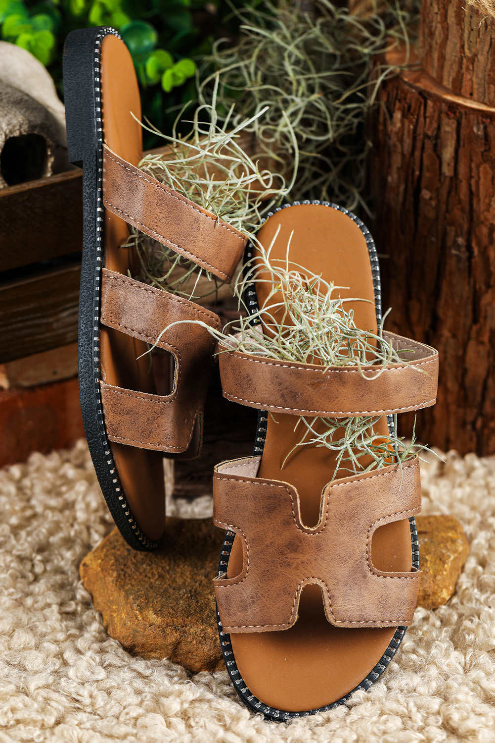 Brown Leather H Band Flat Slides S​hoes
