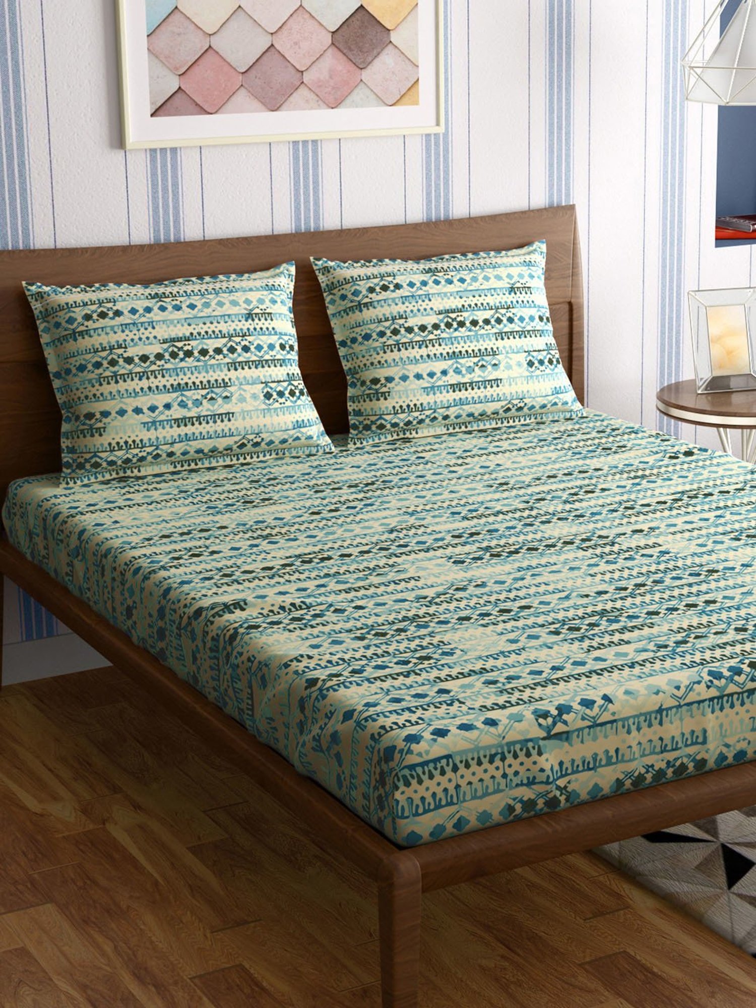 Petal Home Jharokha Abstract Blue 300 TC Cotton Queen Bed Sheet with 2 Pillow Covers