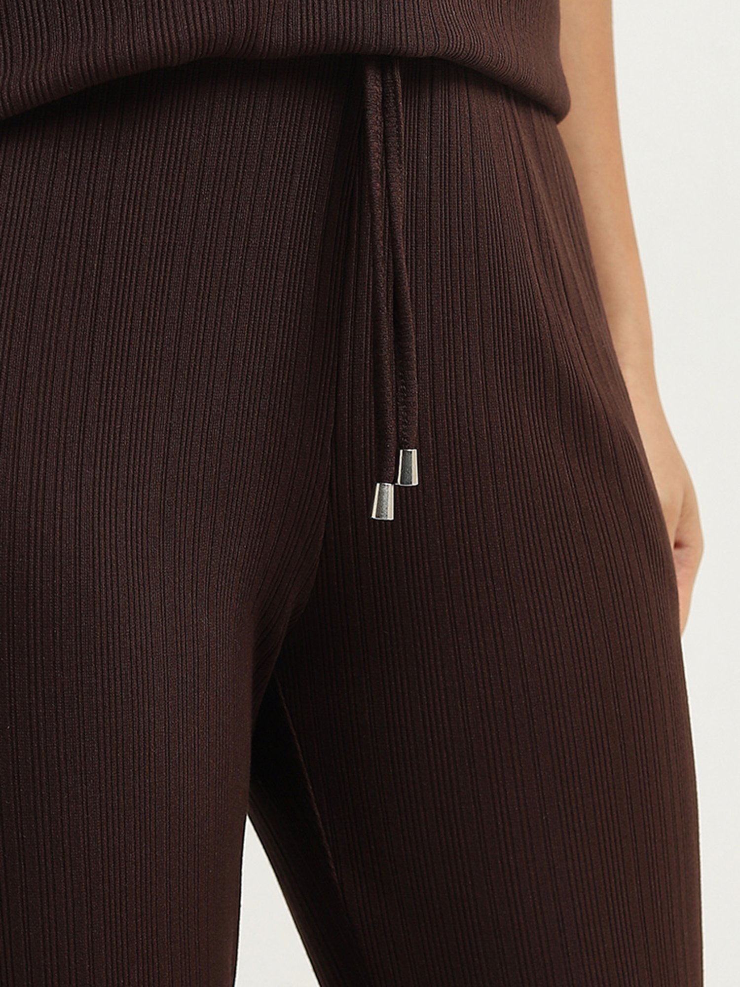 Wunderlove by Westside Dark Brown Ribbed Textured High-Rise Pants