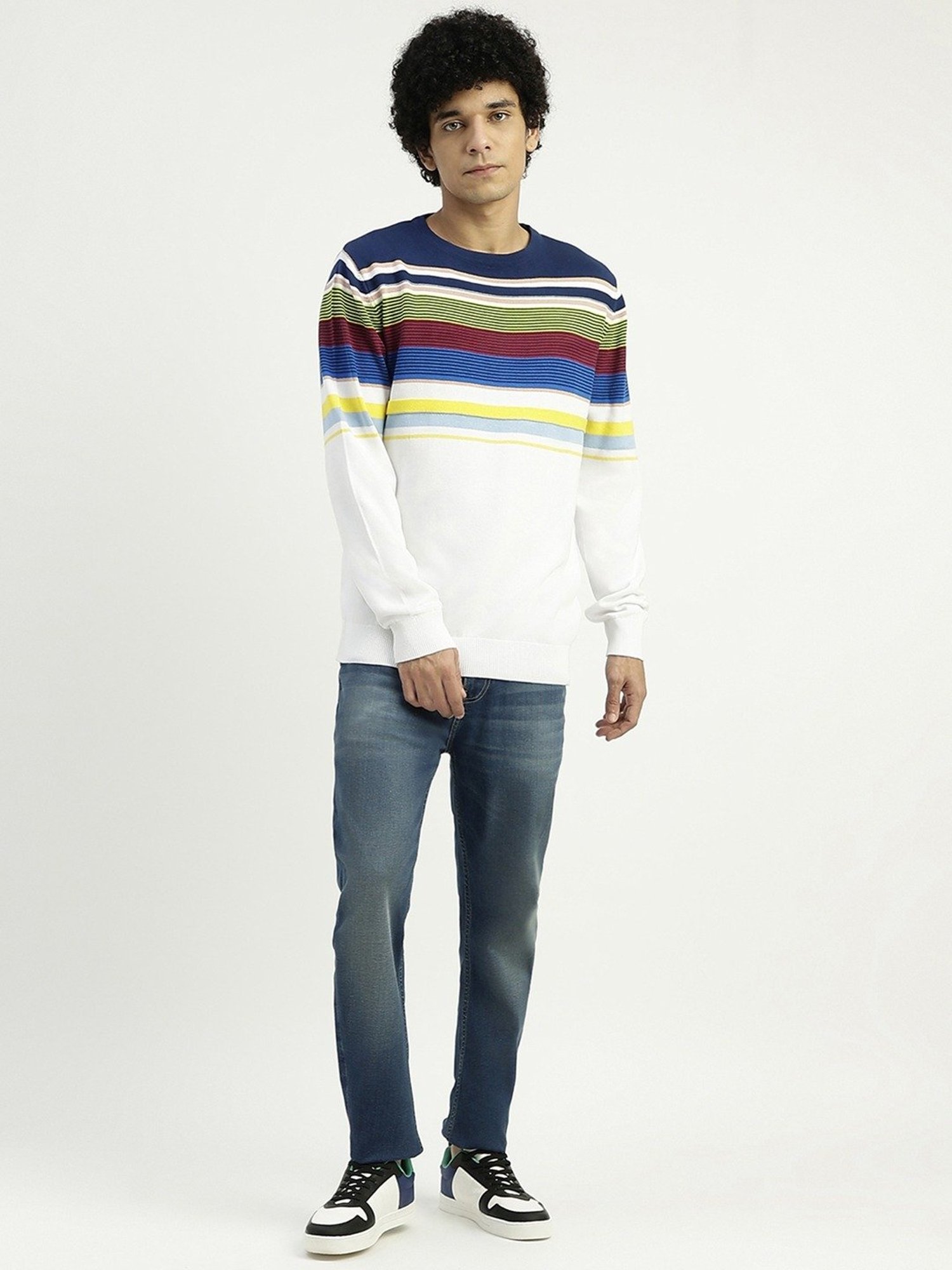 United Colors of Benetton White Pure Cotton Regular Fit Striped Sweater