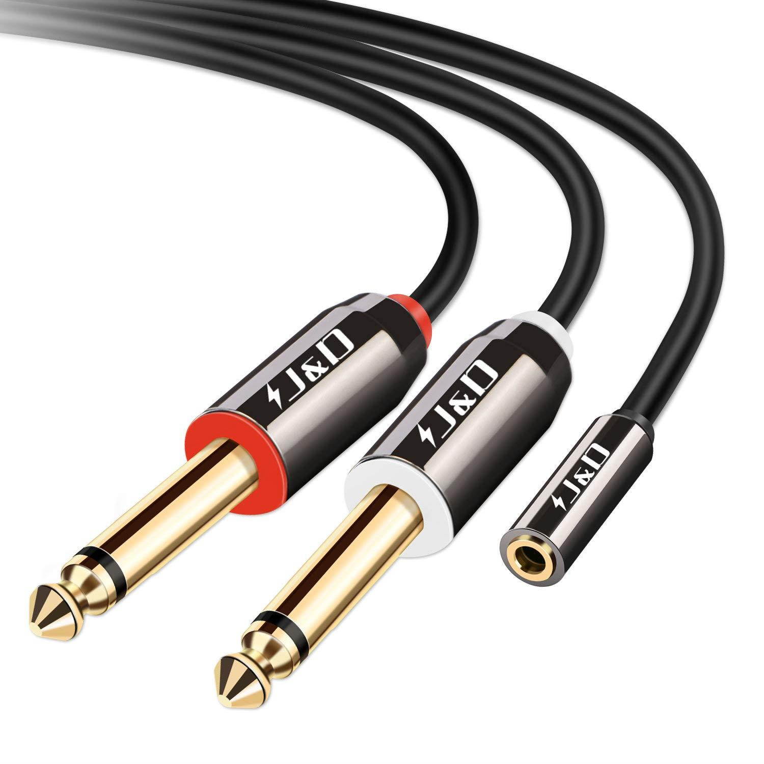 J&D 3.5 mm to 2 x 6.35 mm Cable, Gold-Plated [Copper Shell] [Heavy Duty] 3.5mm 1/8" Female TRS to 2X 6.35mm 1/4" Male TS Stereo Audio Adapter Cable for iPhone, Amplifiers - 6 Feet