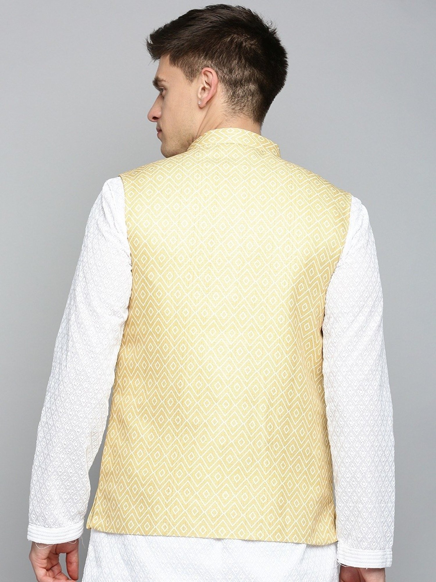 Showoff Yellow Regular Fit Printed Nehru Jacket