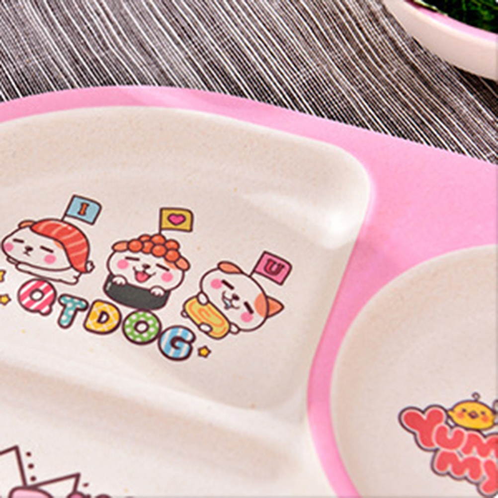 1 Set/5PCS Creative Bamboo Fiber Bowl Exquisite Dinner Tray Drop-Proof Dish Baby Separate Plate Cutlery Set for Babies Children (Pink)