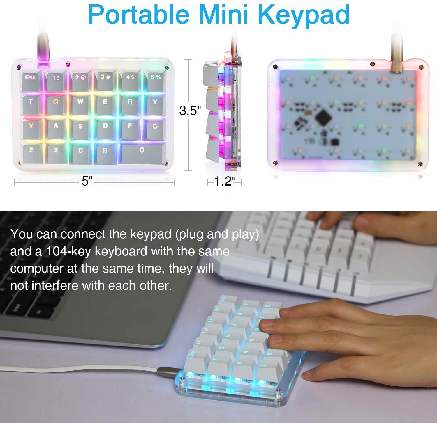 Koolertron One Handed Macro Mechanical Keyboard, Portable Mini One-Handed Mechanical Gaming Keypad 23 Fully Programmable Keys (RGB Backlit/Blue switches)