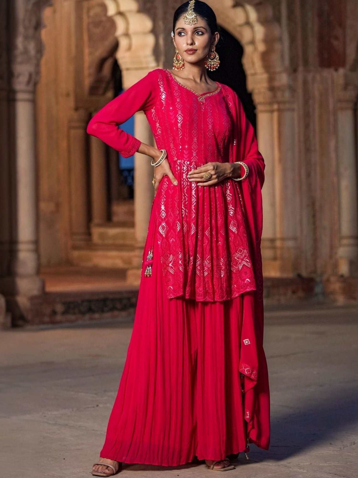 Scakhi Red Georgette Sequin Embroidered Suit Set Tunic With Palazzo And Dupatta
