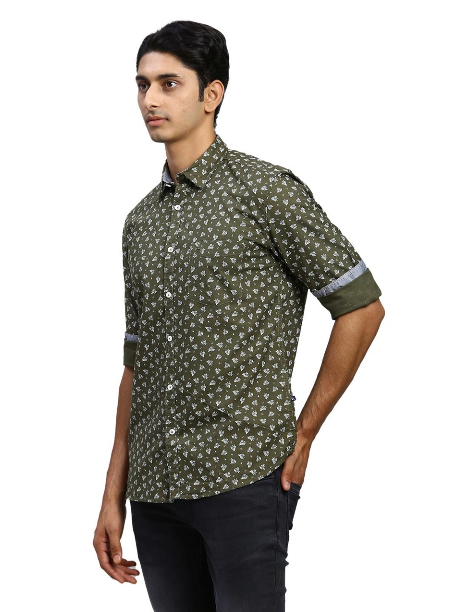 Parx Green Cotton Slim Fit Printed Shirt